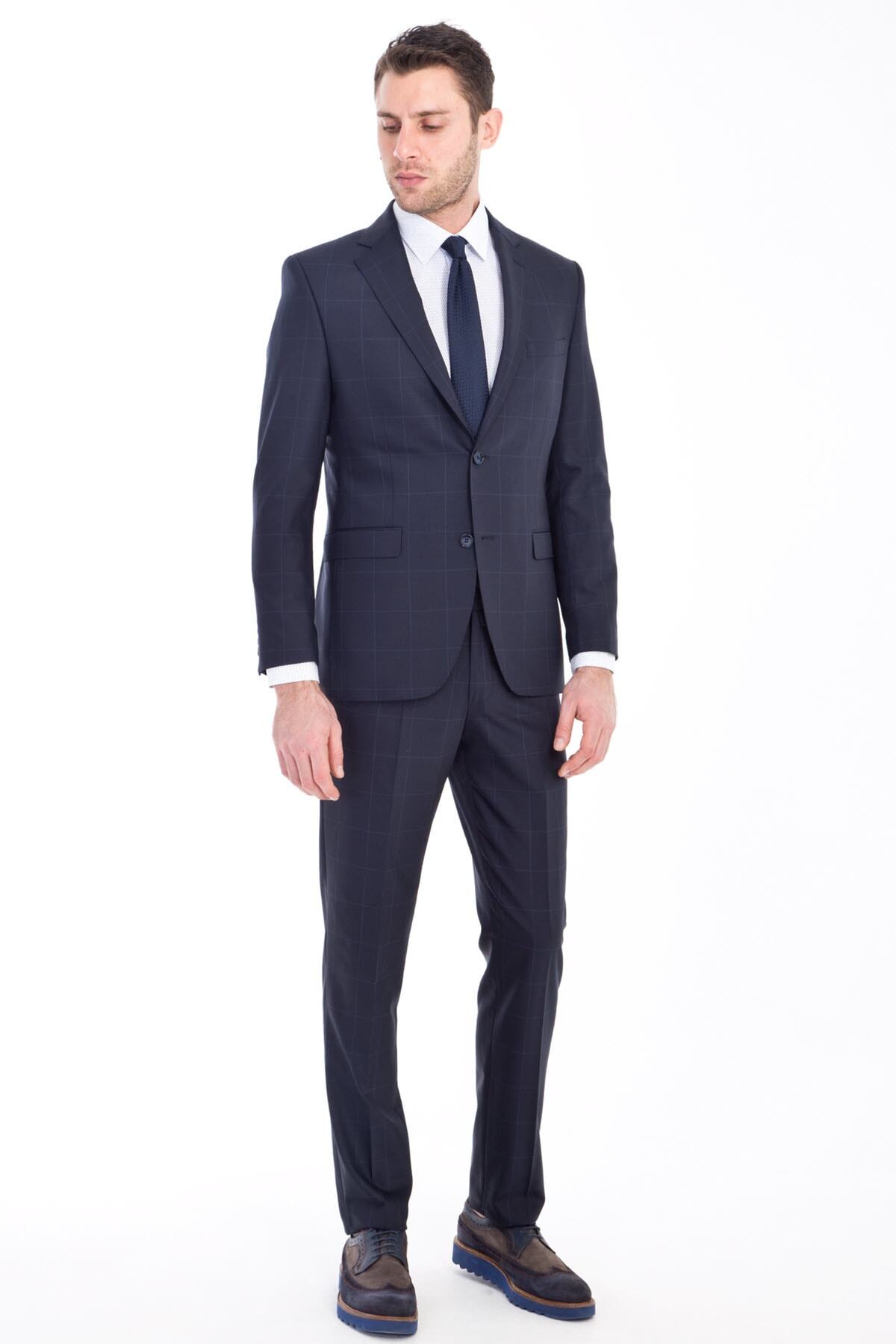 Kiğılı Slim Fit Yünlü Kareli Takım Elbise