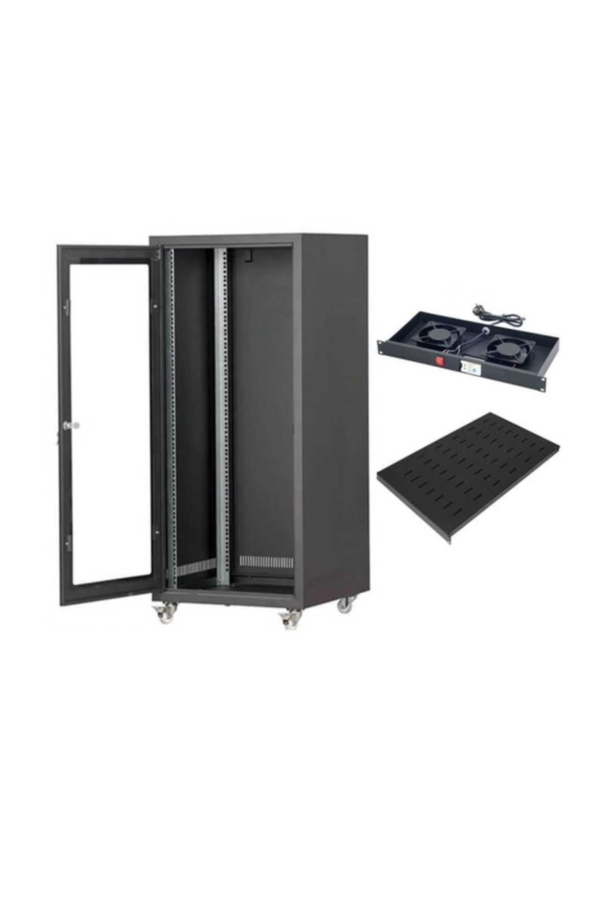 Lastvoice 19'' Tekerlekli Camlı 32u Rack Kabinet + Fan + Sabit Raf