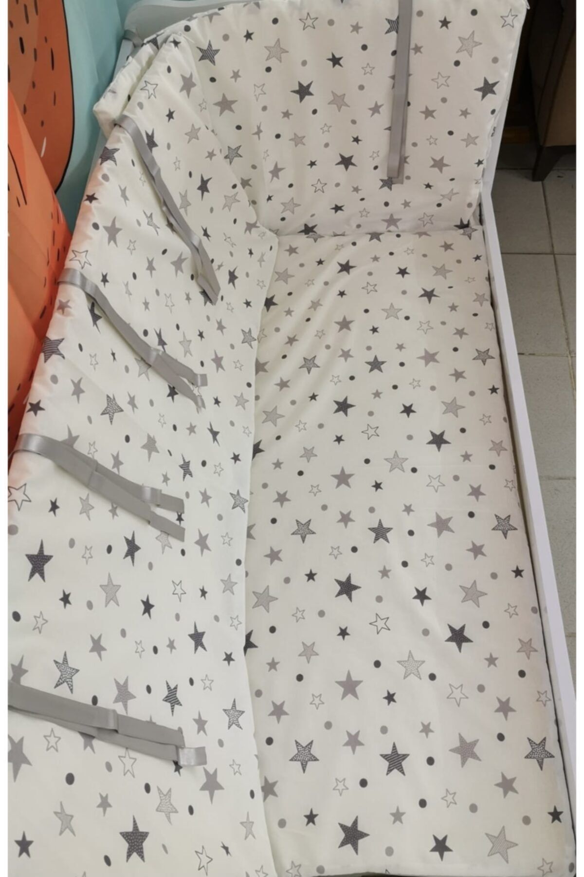 Bebek Özel Bebek Çocuk Beşik Kenar Koruma 90x190 Montessori Için (4 Parça) Gri Büyük Yıldızlı
