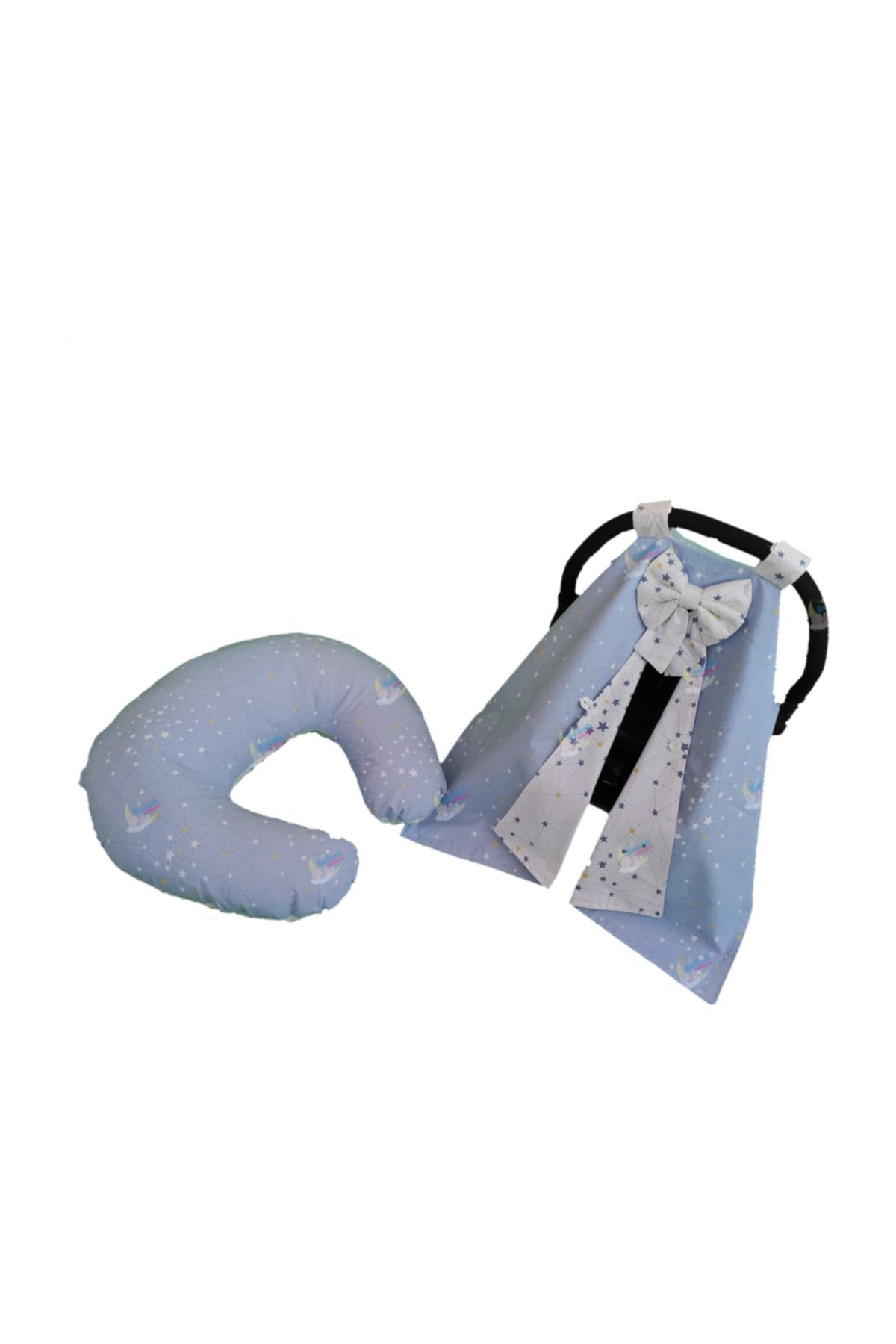 Bebek Atölyesi Galaksi Desenli Mavi Puset Örtüsü Ve Emzirme Yastığı Seti