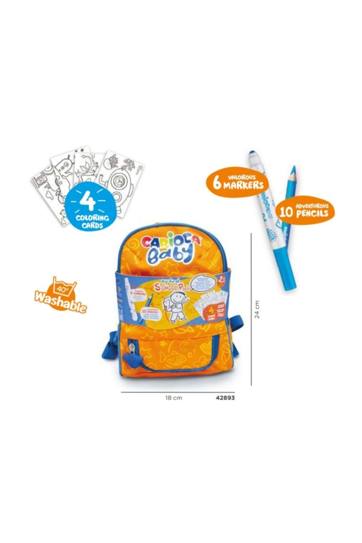 CARIOCA Carioca Bebek Sırt Çantası + 2 Yaş (4 Ad Boyama Kartı + 6'lı Bebek Keçeli Kalem + 10'lu Kuru Boya)