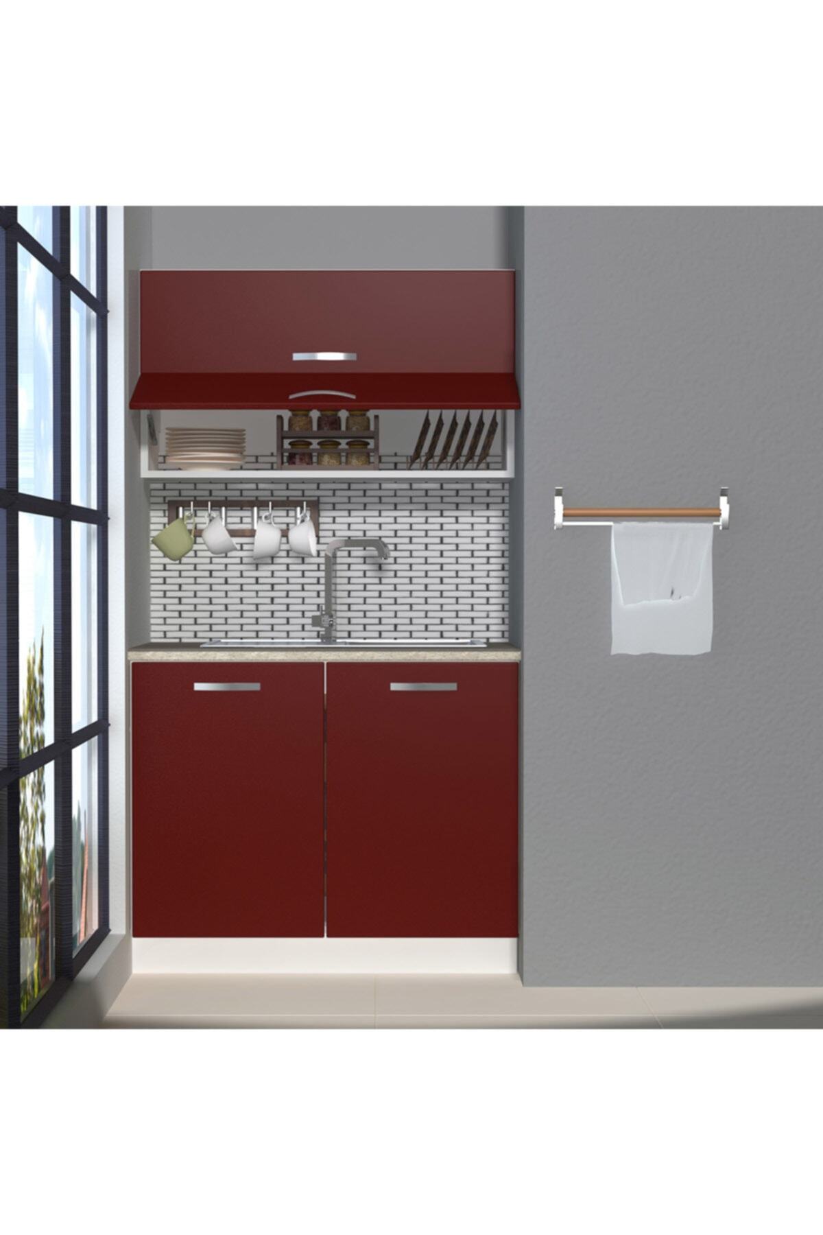 Decoraktiv Hazır Mutfak Dolabı Mini 100y Cm Bordo -tezgah Dahil