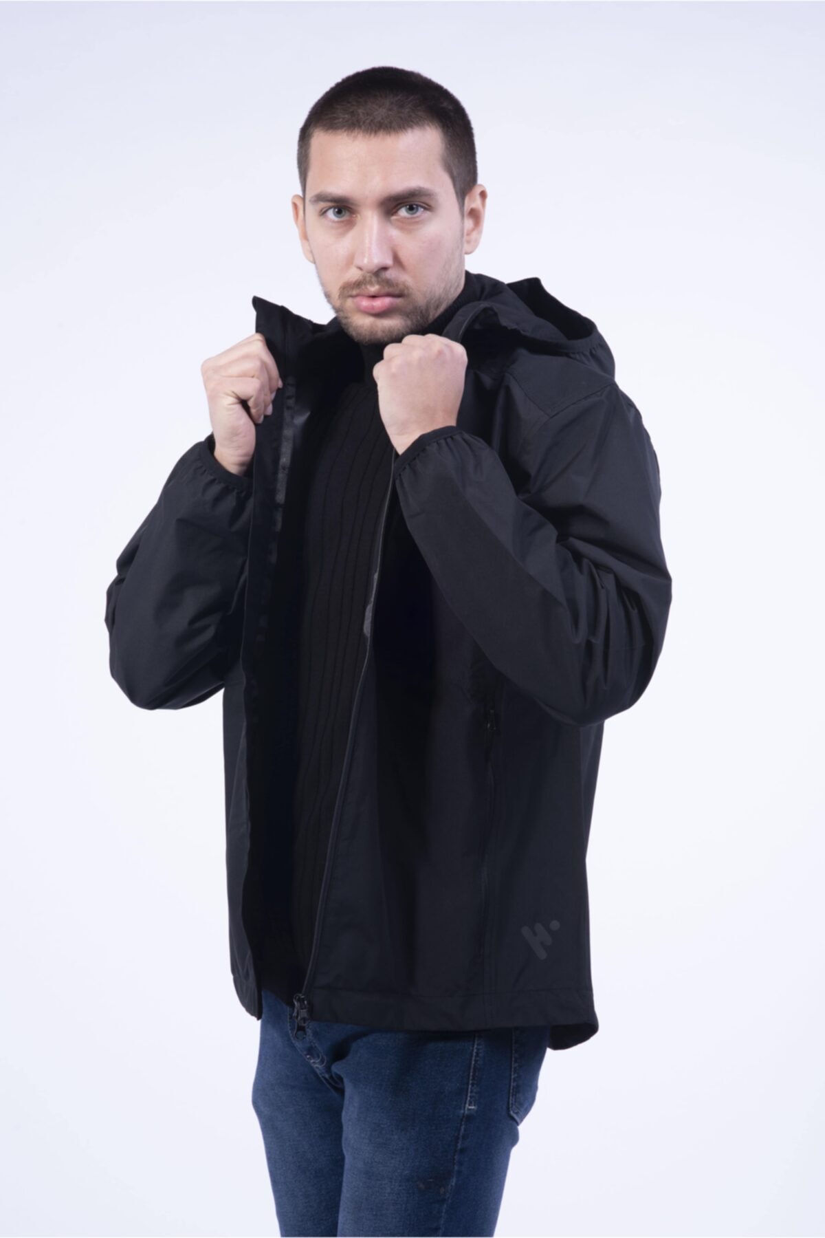 NewTimoty Erkek Siyah Cepli Çift Fermuarlı Astarlı Yağmurluk