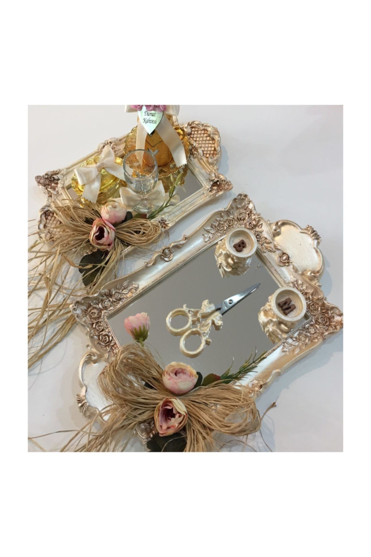 atelier.es Söz Nişan Tepsisi Ve Damat Fincanı Takımı Metalik Sedef Eskitme