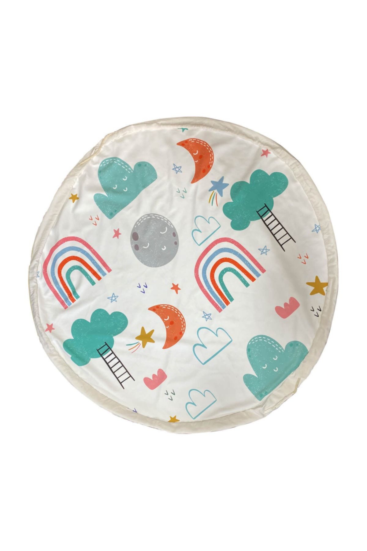 LYN HOME & DECOR Gök Kuşağı Ve Renkli Bulut Desenli Çift Taraflı Yuvarlak Oyun Matı