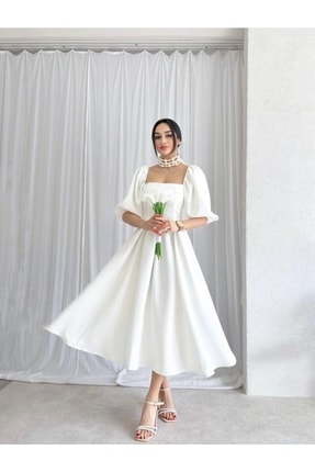 Beyaz Kare Yaka Balon Kol Pileli Midi Boy Elbise Image 0