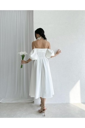 Beyaz Kare Yaka Balon Kol Pileli Midi Boy Elbise Image 2