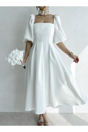 Beyaz Kare Yaka Balon Kol Pileli Midi Boy Elbise Image 3