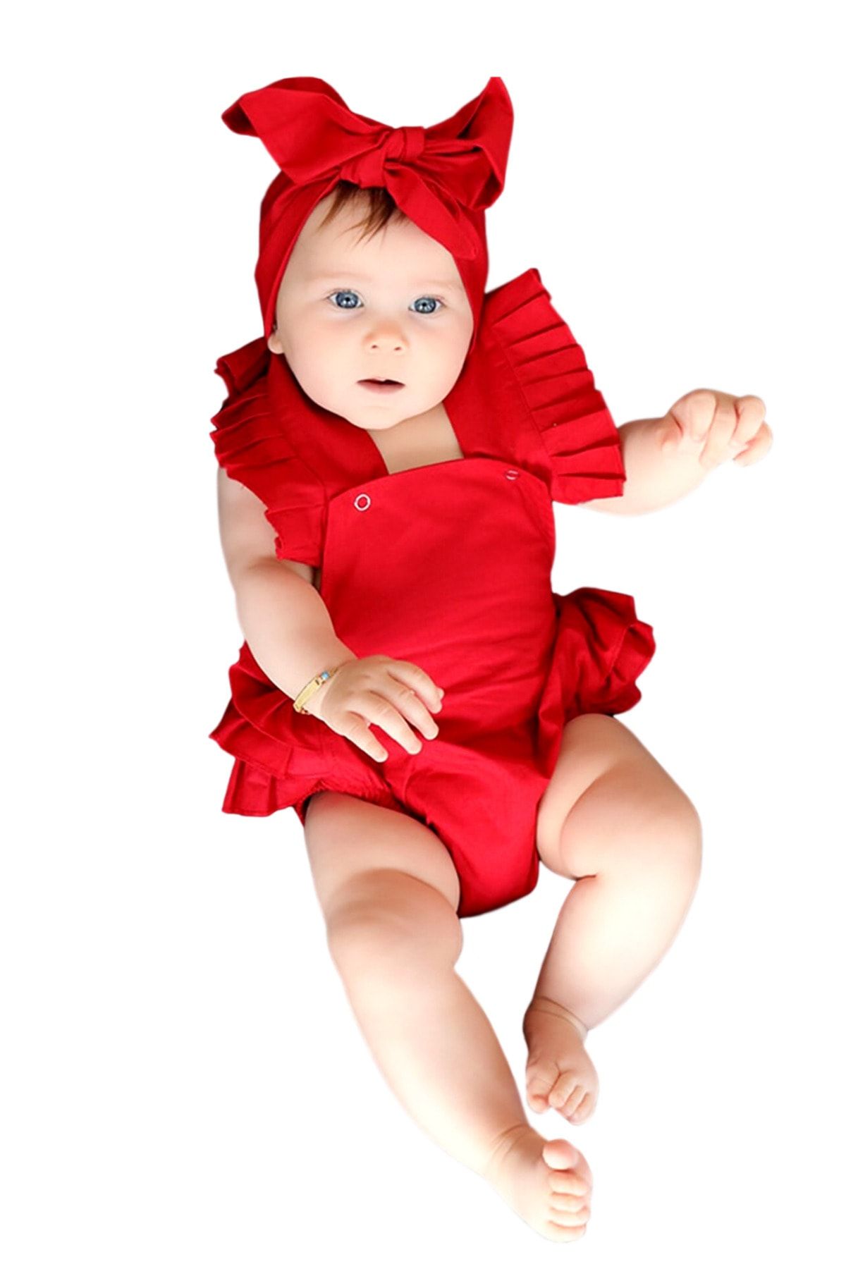 Kız Bebek Kırmızı Pamuklu Salopet Bandana Takım