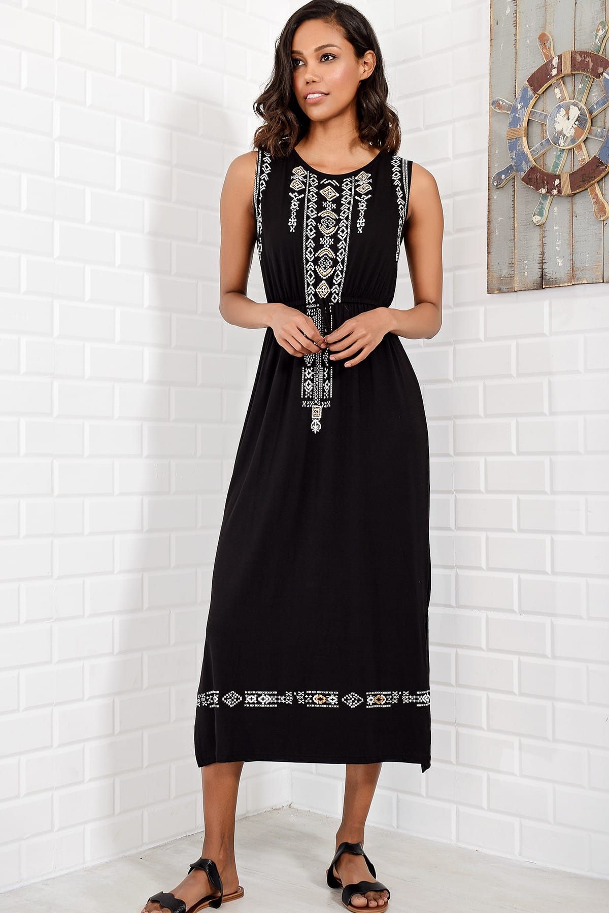 Kadın Siyah Nakış Baskılı Bohem Elbise ALC-6564