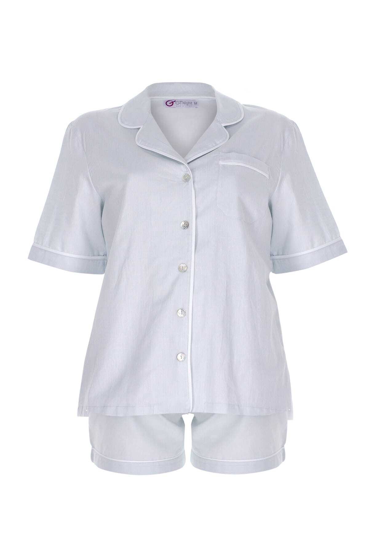 GTNight Kadın Mint Keten Biyeli Kısa Kollu Pijama Üstü
