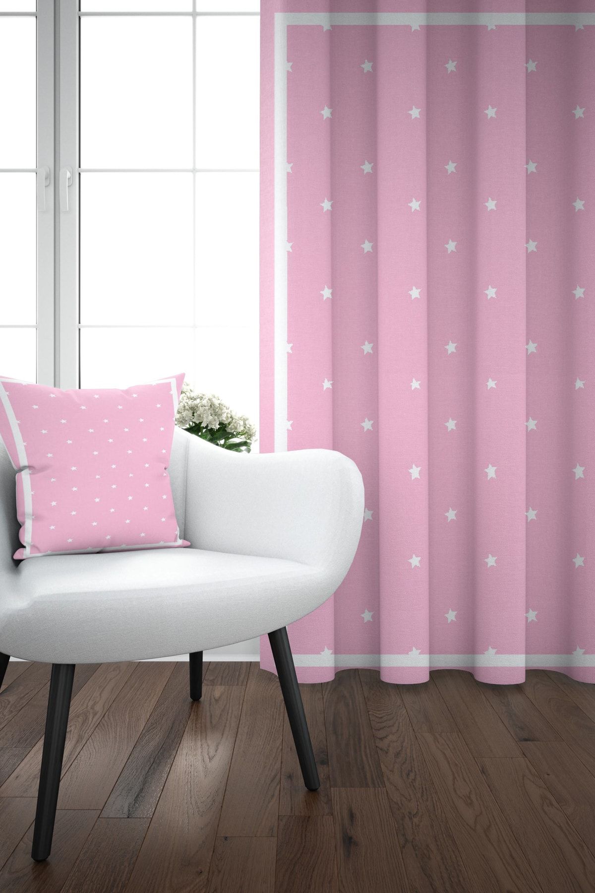 Else Pembe Beyaz Yıldızlı İskandinav Desenli Çocuk Perdesi 140 x 270 cm
