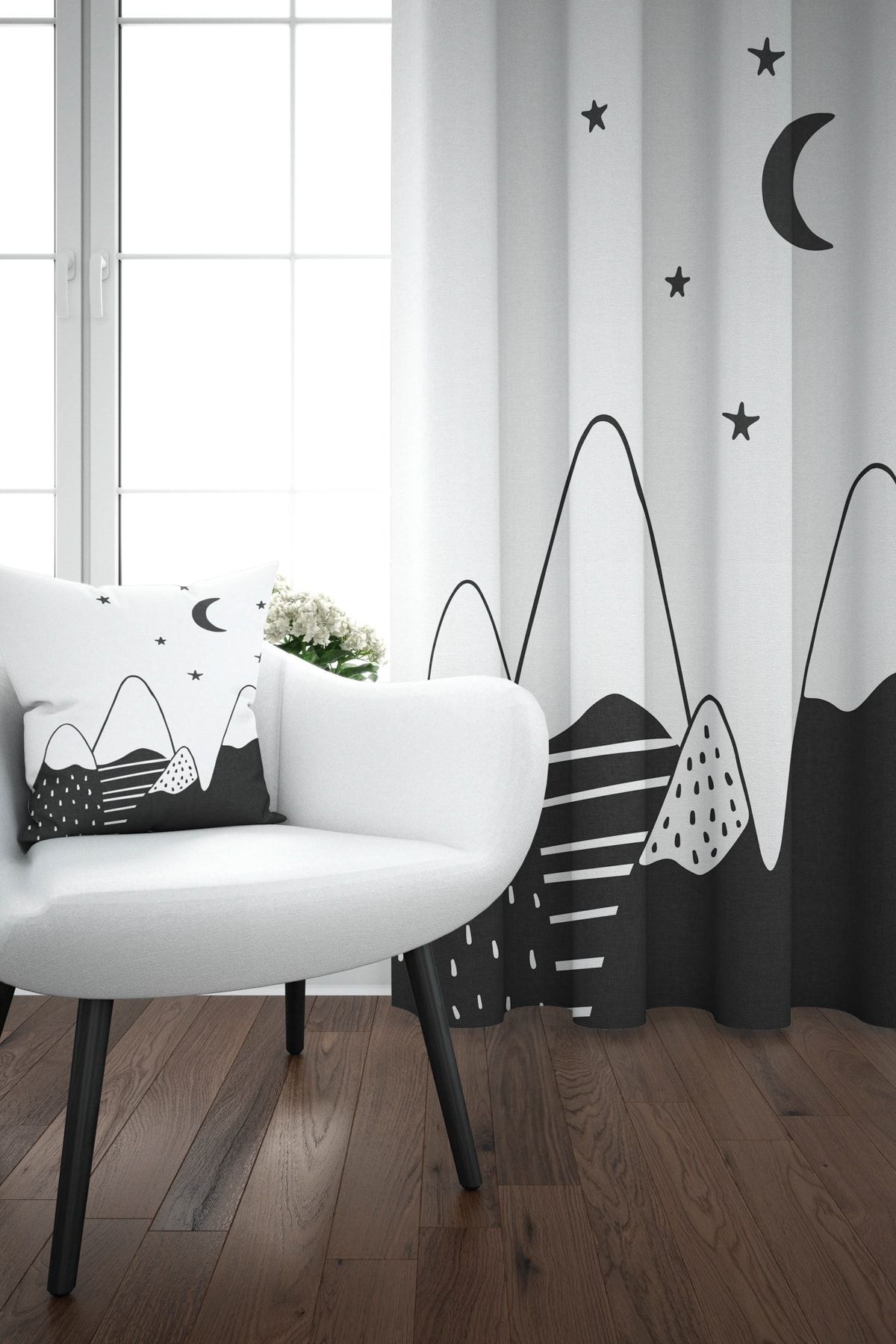 Else 140x270 Gece Dağ Siyah Beyaz İskandinav Desenli Çocuk Perdesi