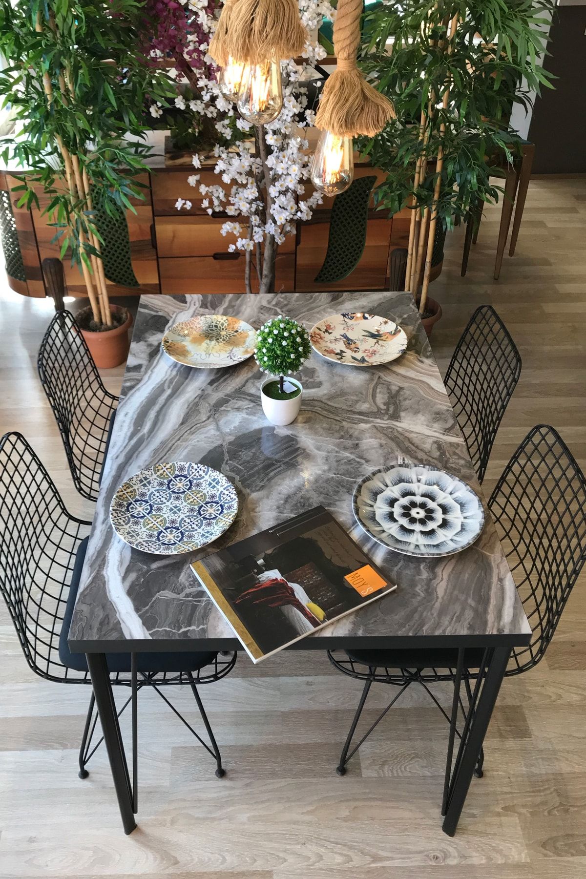 TEHOME Taş Mermer Desenli 120 cm Masa Takımı Dört Sandalye