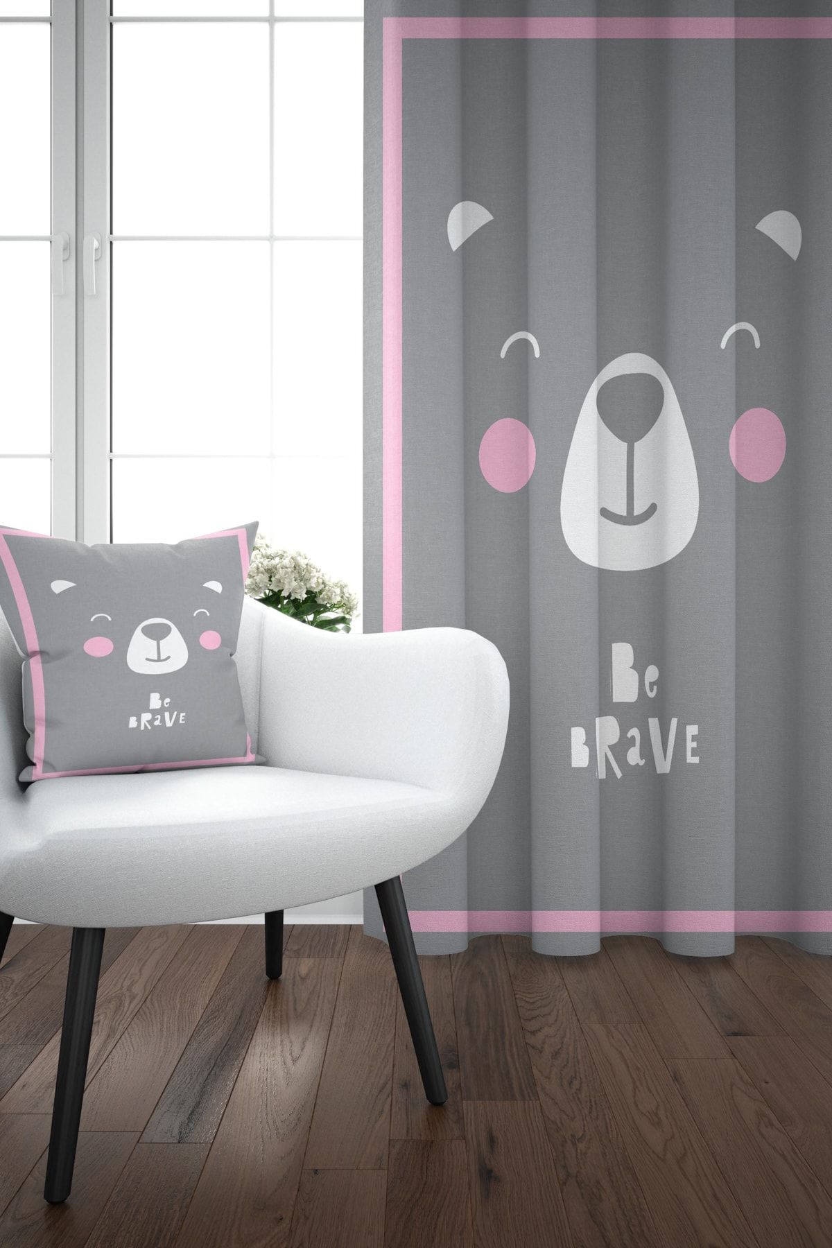 Else 140x270 Pembe Gri Ayıcıklı İskandinav Desenli Çocuk Perdesi