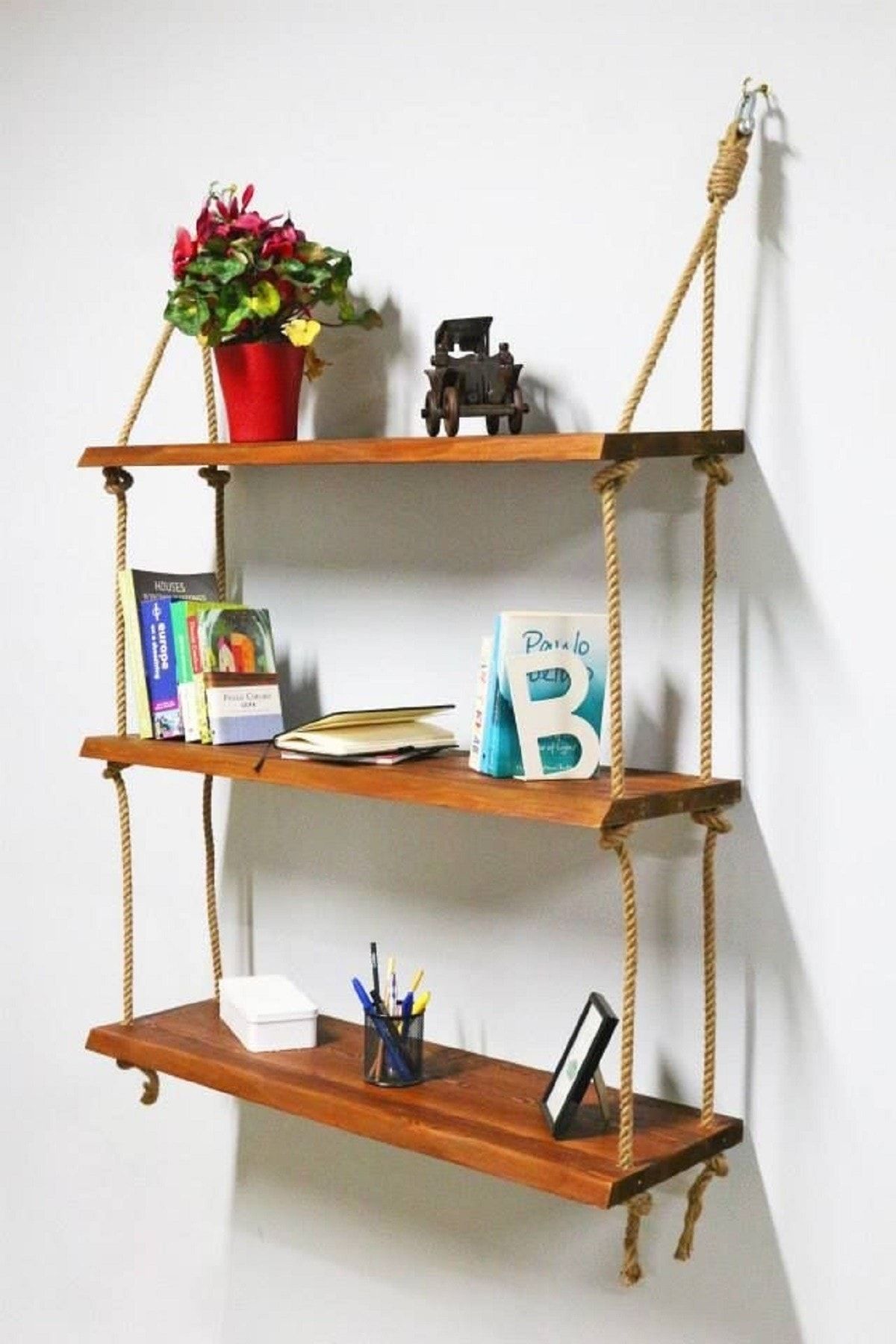 Karaköse Ahşap Dekoratif Ahşap Retro Halatlı Duvar Rafı 50 cm Kahverengi