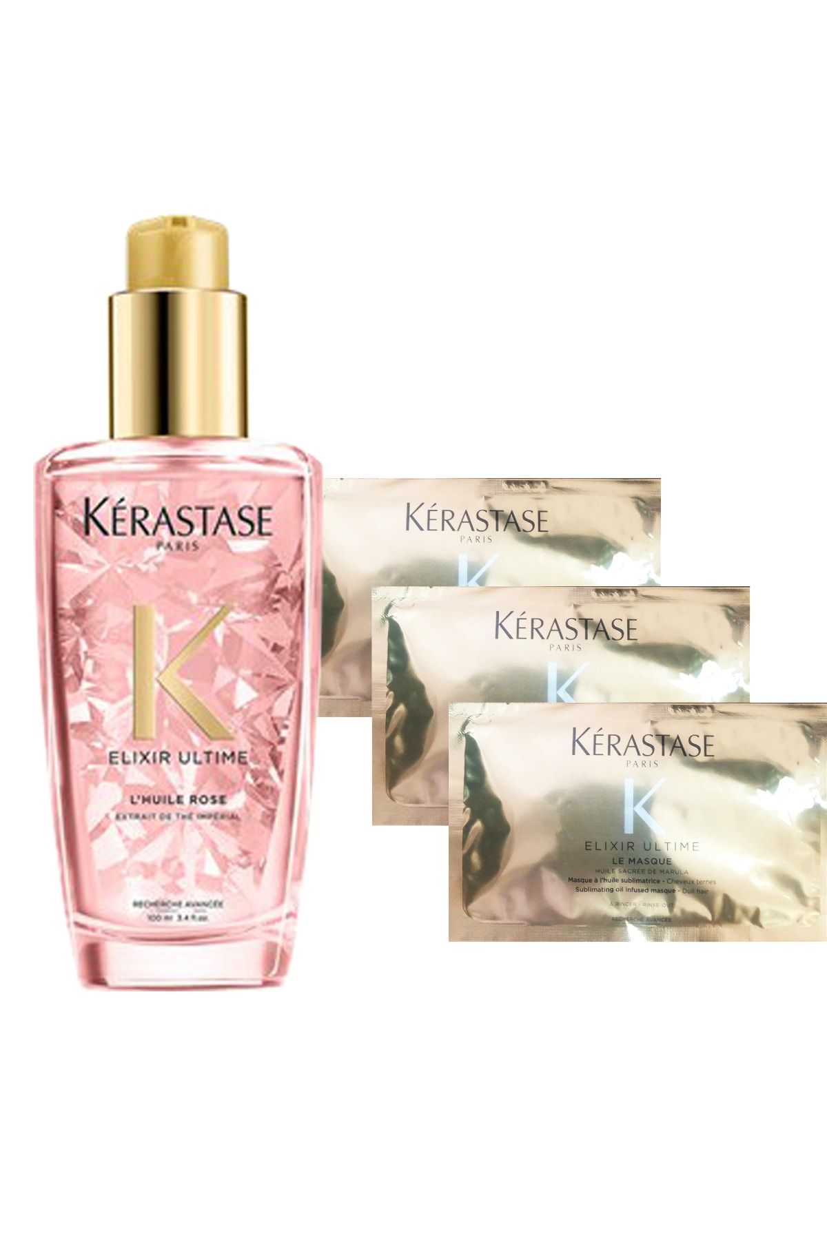 Kerastase Elixir Ultime L'Huile Rose - Boyalı Saçlar için Parlaklık Yağı 100 ml + Parlaklık Maskesi 3 x 15 ml