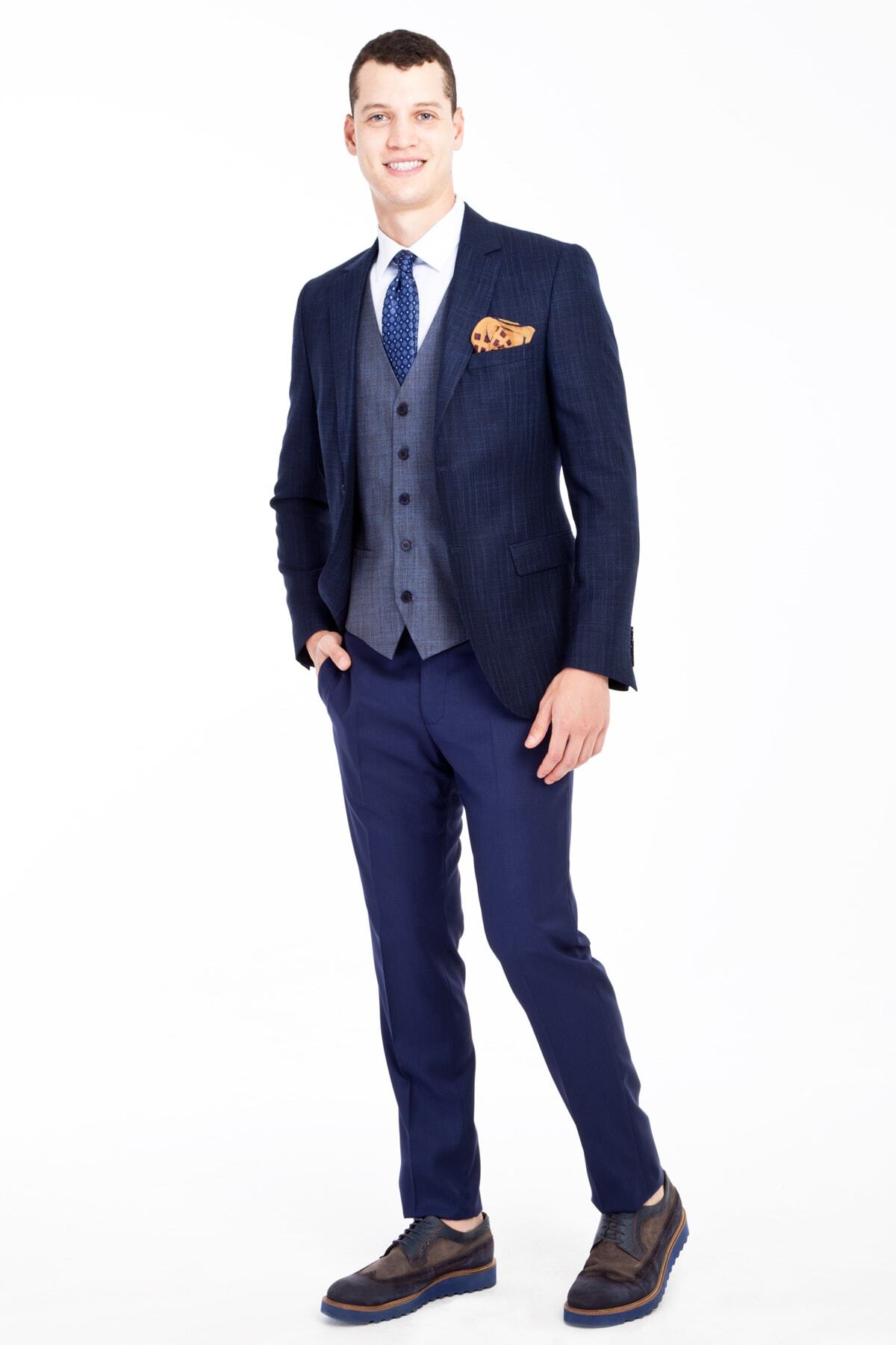 Kiğılı Slim Fit Kombinli Yelekli Ekose Takım Elbise