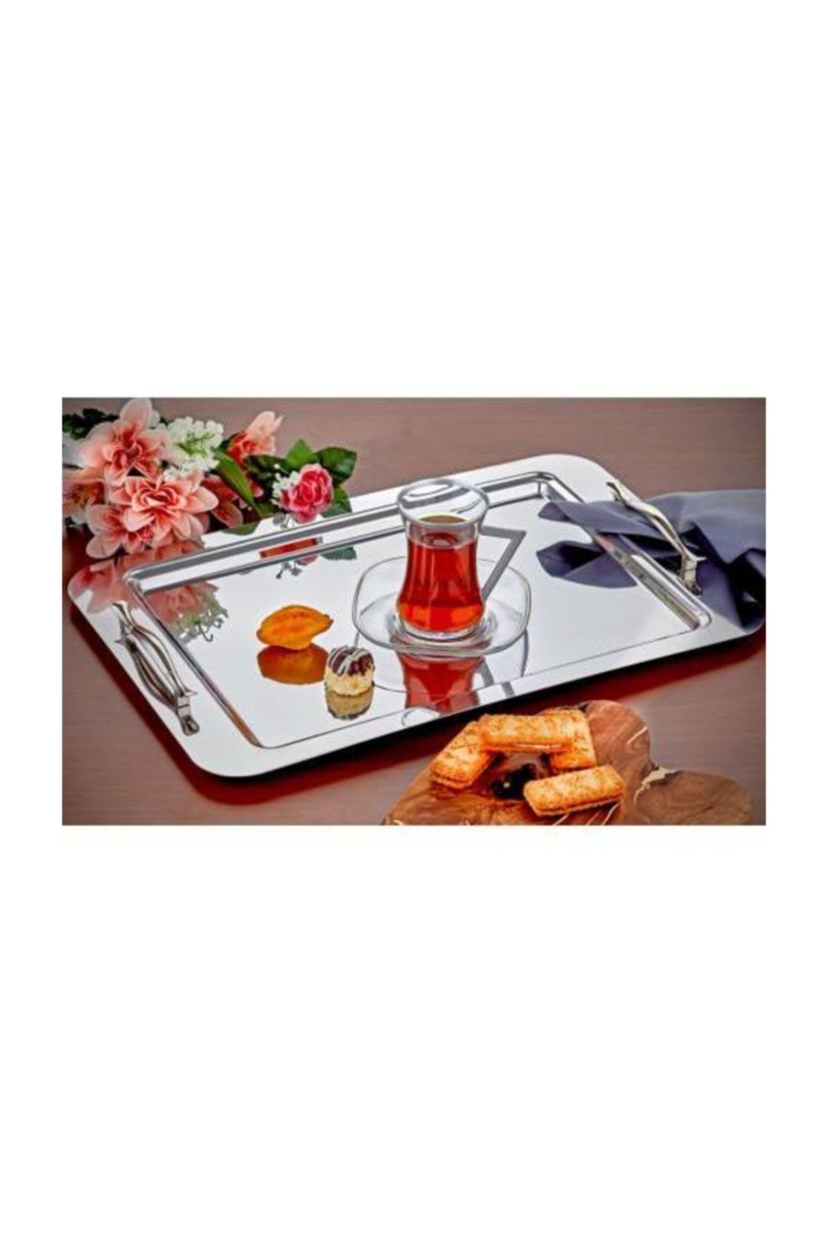 ÖZLİFE Asya Sade Çelik Çay Servis Tepsisi 44x29cm