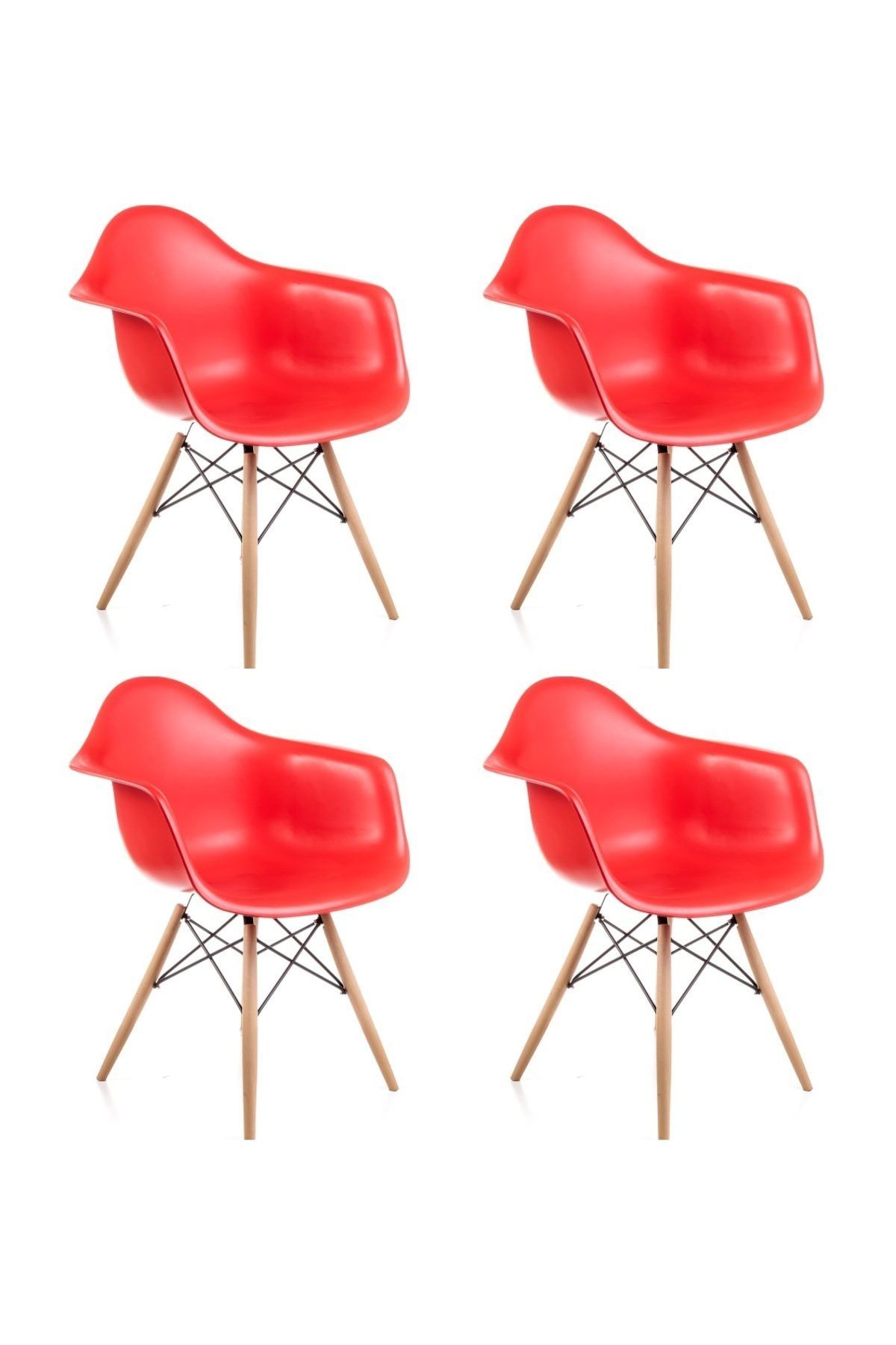 Dorcia Home Kolçaklı Kırmızı Eames Sandalye - 4 Adet - Cafe Balkon Mutfak Sandalyesi