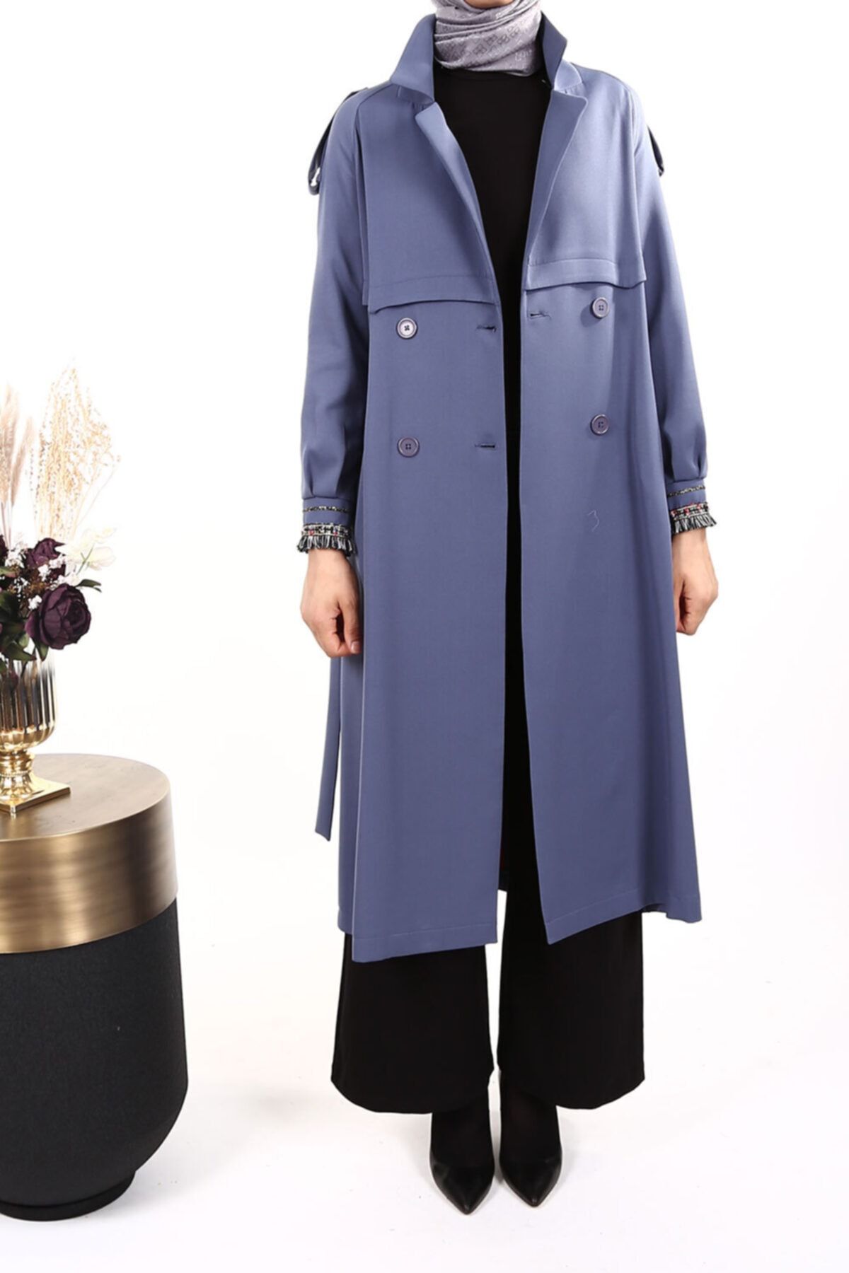 Micca Kol Ucu Simli Ipli Trench - Indigo