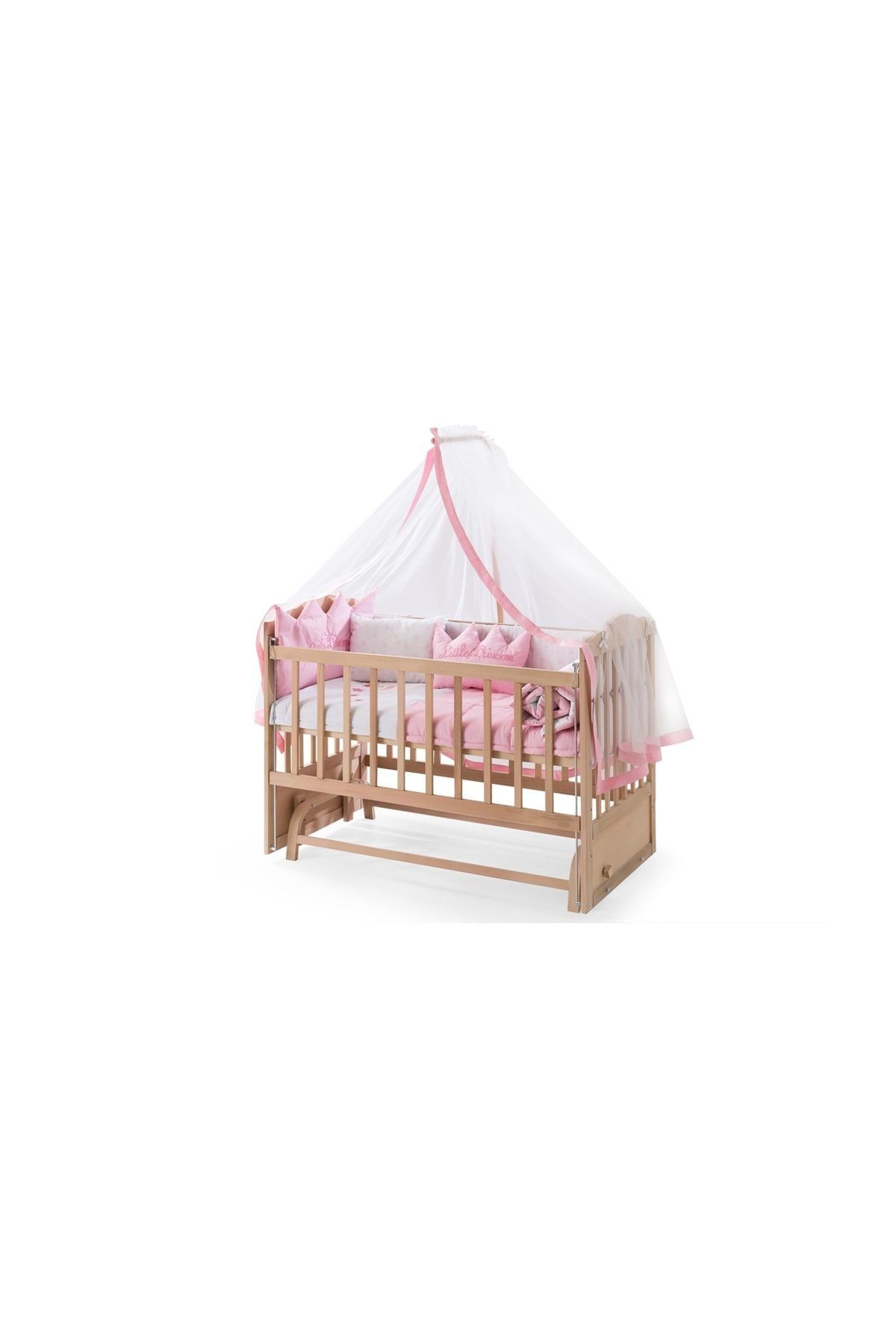 Carino Wins Ahşap Organik 60 X 120 Cm Beşik Anne Yanı Kademeli Beşik Ve Pembe Nevresim Takımı & Yatak