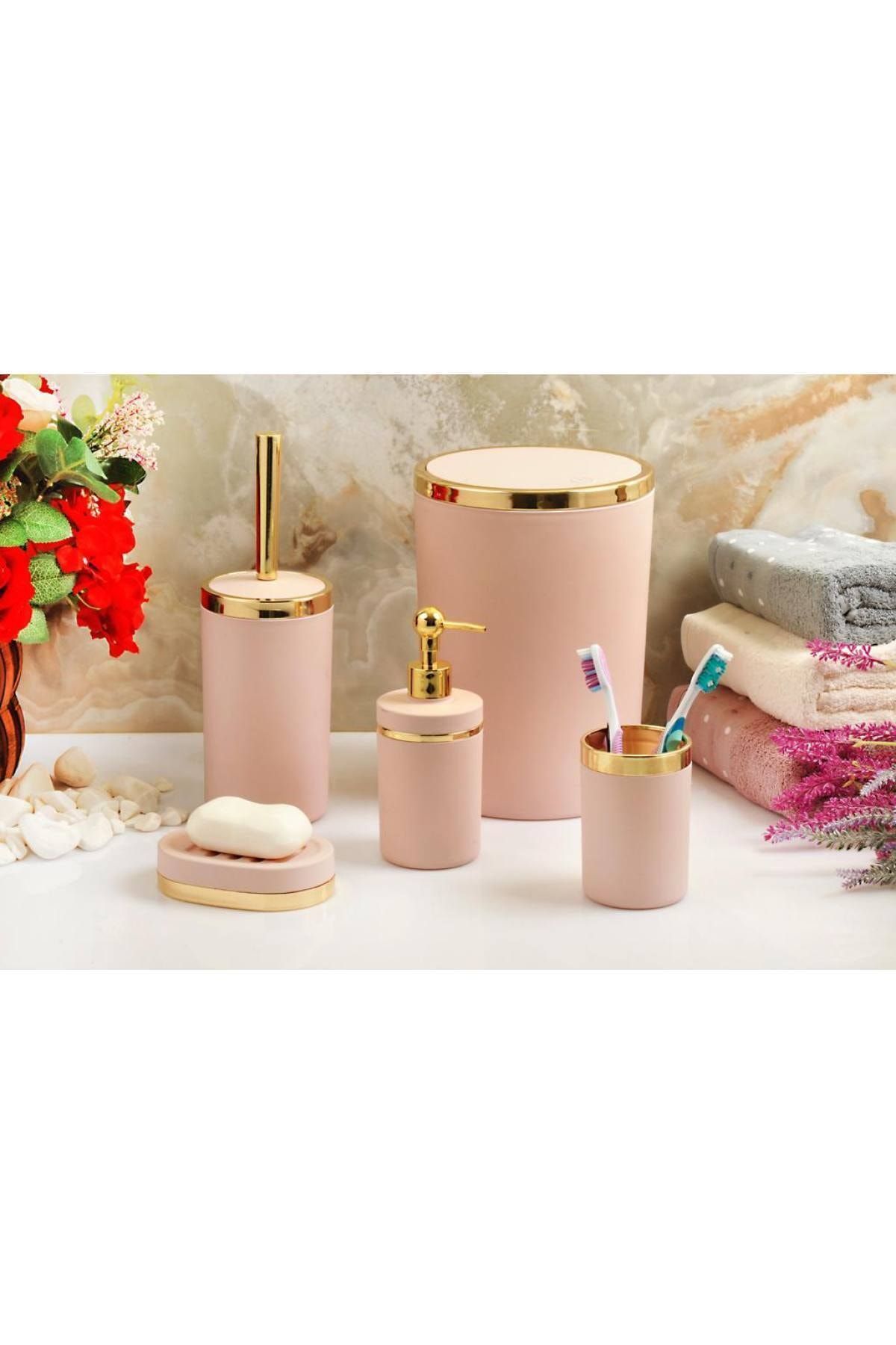 İmera Akrilik Yapım Gold Çizgi Soft Banyo Takımı 5'li Yuvarlak Banyo Seti Pembe