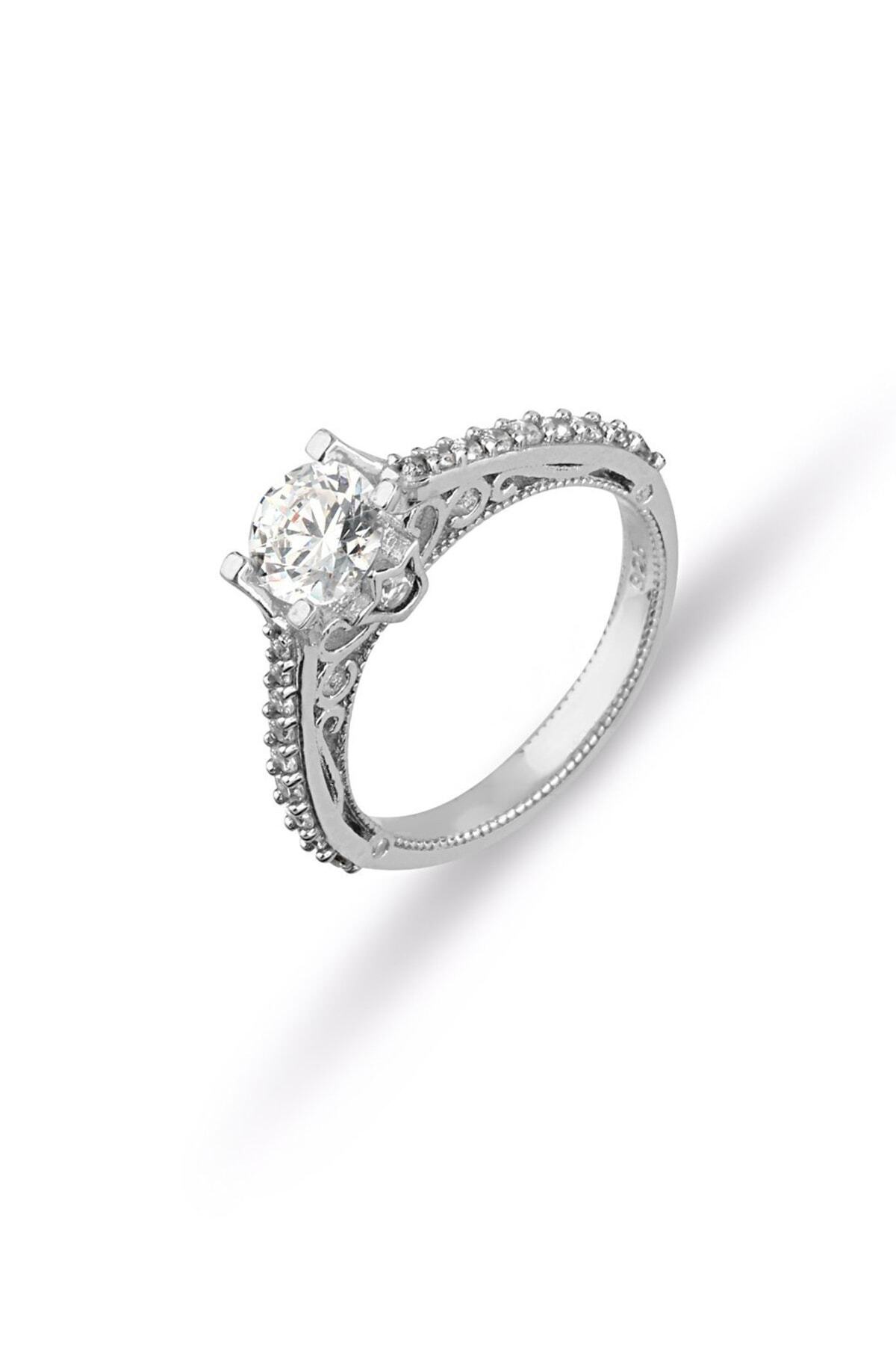 MySilvers Swarovski Taşlı Gümüş Tektaş Yüzük Kadın Rodyum Swarovski