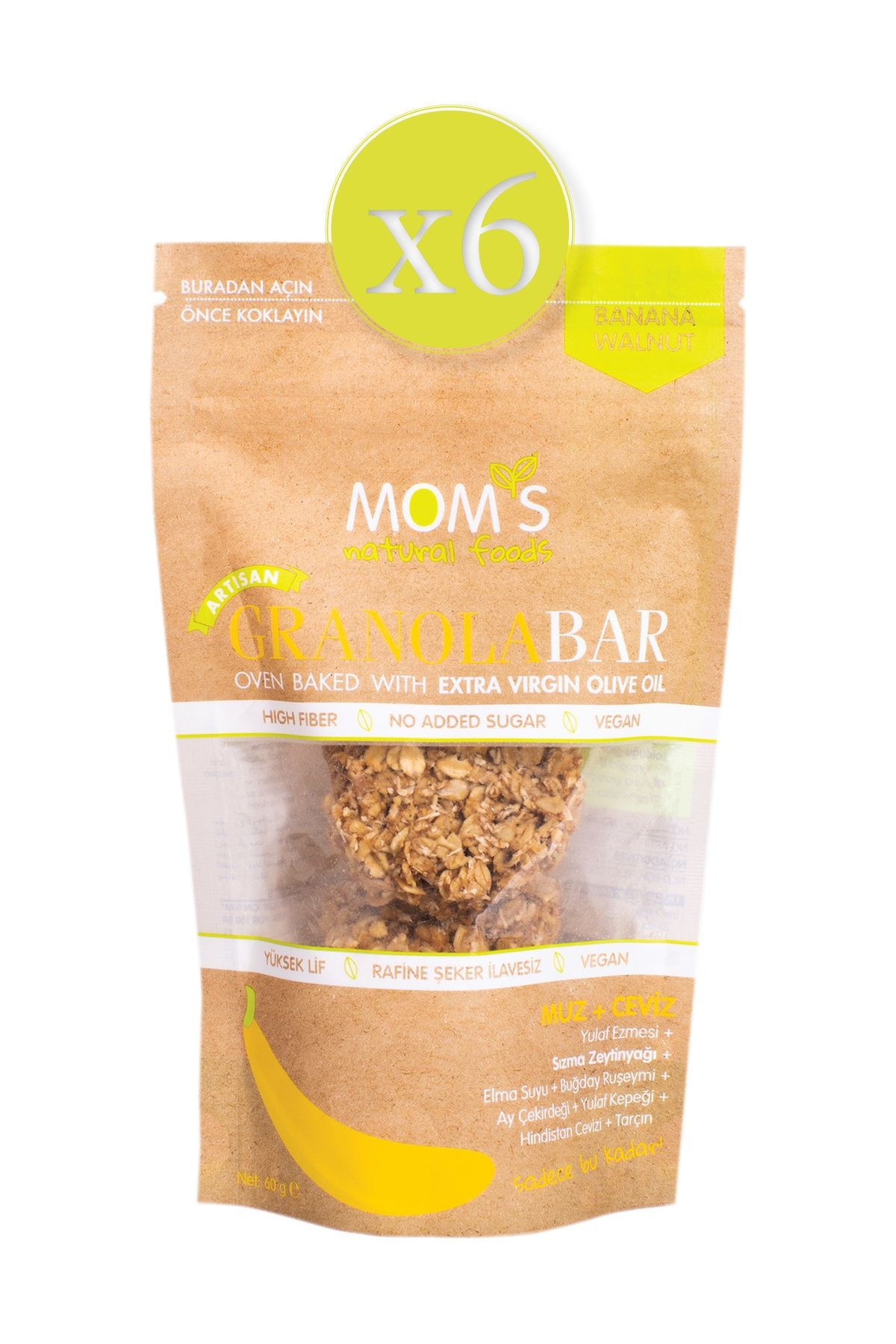 Mom's Natural Foods 6'lı Muz - Ceviz Granola BAR 60 gr