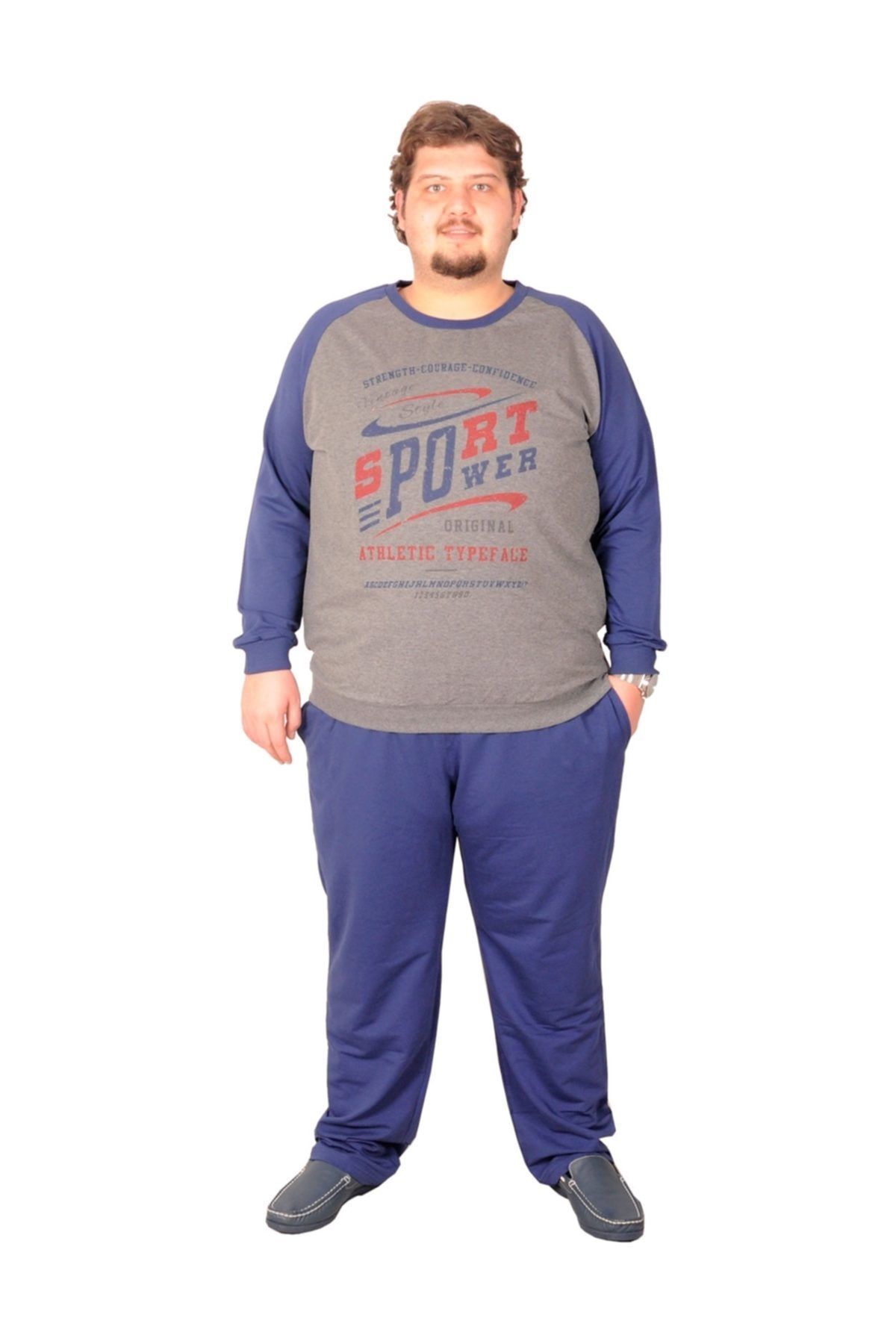 ModeXL Büyük Beden Erkek Eşofman Takımı Reglan Kol Indigo