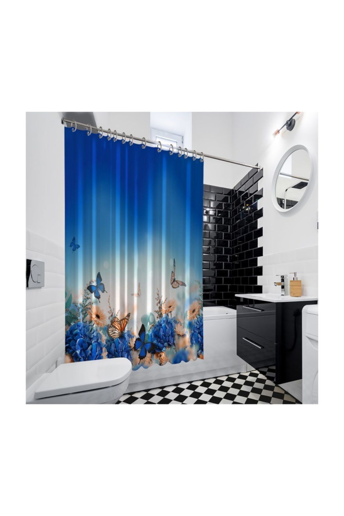 Henge Home Baskılı Duş Perde Kelebek Papatya Desenli Mavi