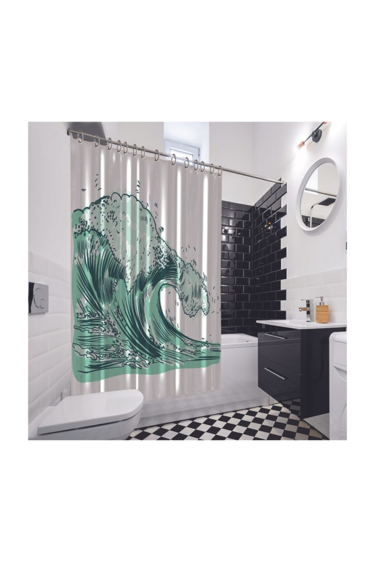 Henge Home Baskılı Duş Perde Hırçın Dalga Desenli Yeşil