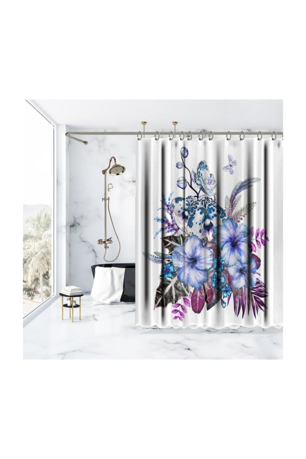 Henge Home Baskılı Duş Perde Lila ve Morlu Çiçekli Yapraklar Desenli