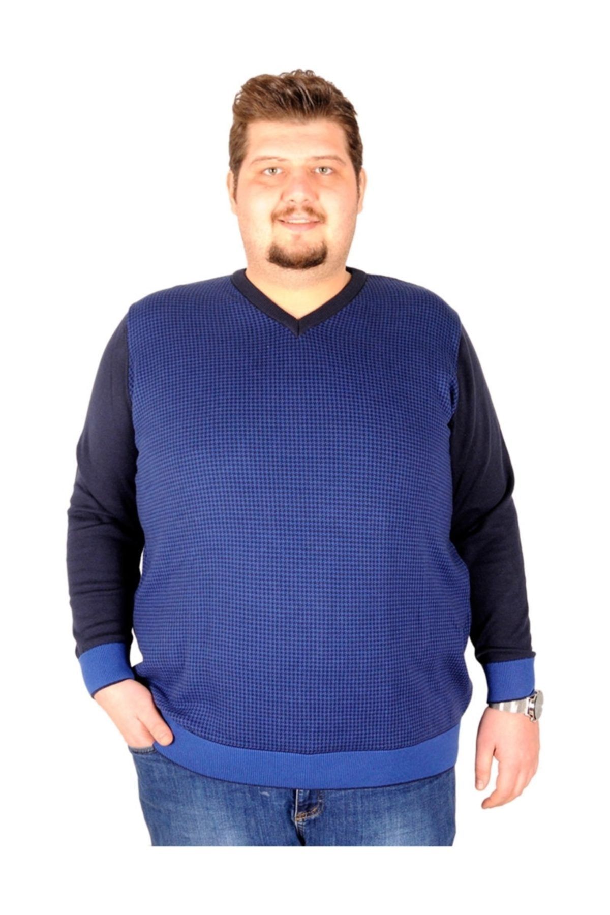 ModeXL Büyük Beden Erkek Kazak V Yaka Cotton