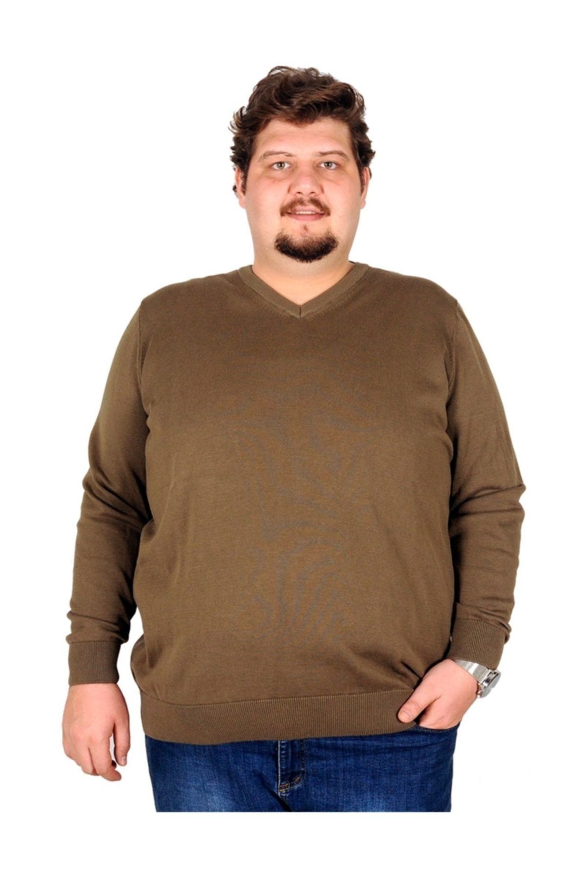 ModeXL Buyuk Beden Kazak V Yaka Cotton Classic 18250 Haki