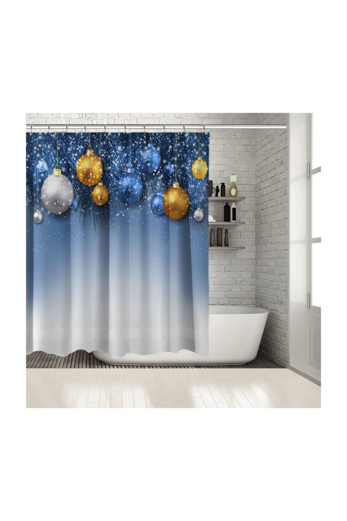 Henge Home Hediye Noel Dekorasyonlu İle Yılbaşı Topları Mavi Duşperdesi