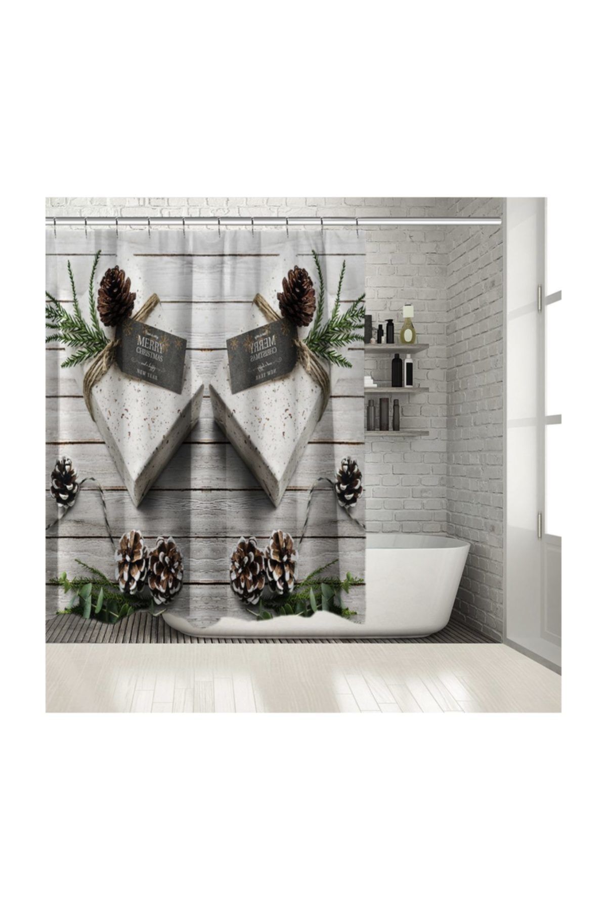 Henge Home Beyaz Ahşam Üzerinde Kozalaklı Noel Yeniyıl Hediye Paketleri Duşperdesi