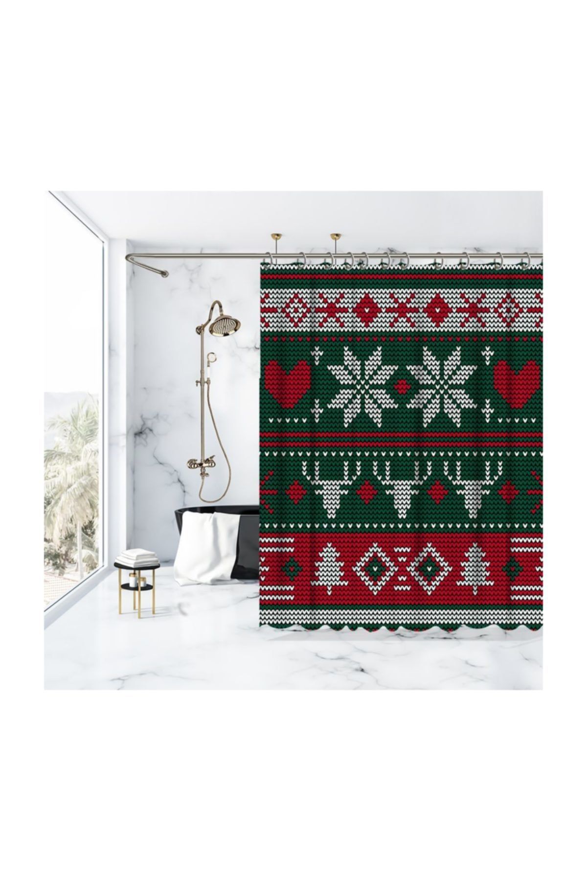Henge Home Yılbaşı Noel Geyikli Örgü Desen Yeşil Üzerine Kırmızı Beyaz Duşperdesi