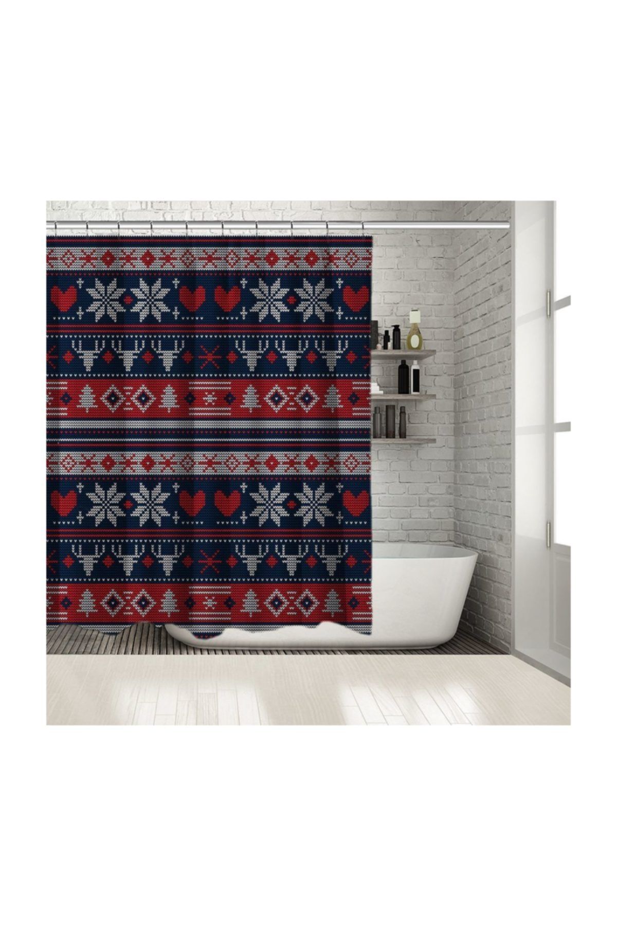 Henge Home Yılbaşı Noel Geyikli Örgü Desen Laci Üzerine Kırmızı Beyaz Duşperdesi