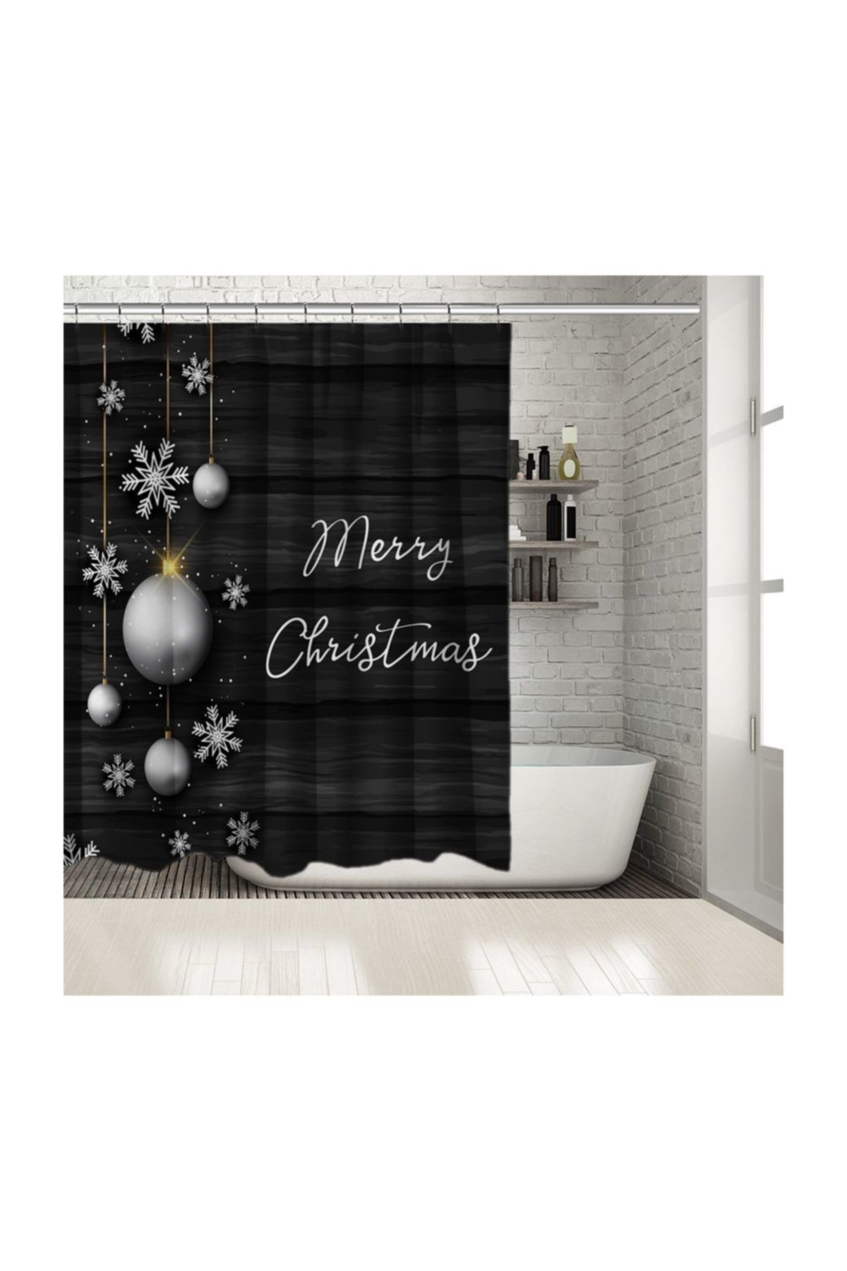 Henge Home Siyah Ahşap Zeminli Askıda Gümüş Noel Yılbaşı Topları Duşperdesi