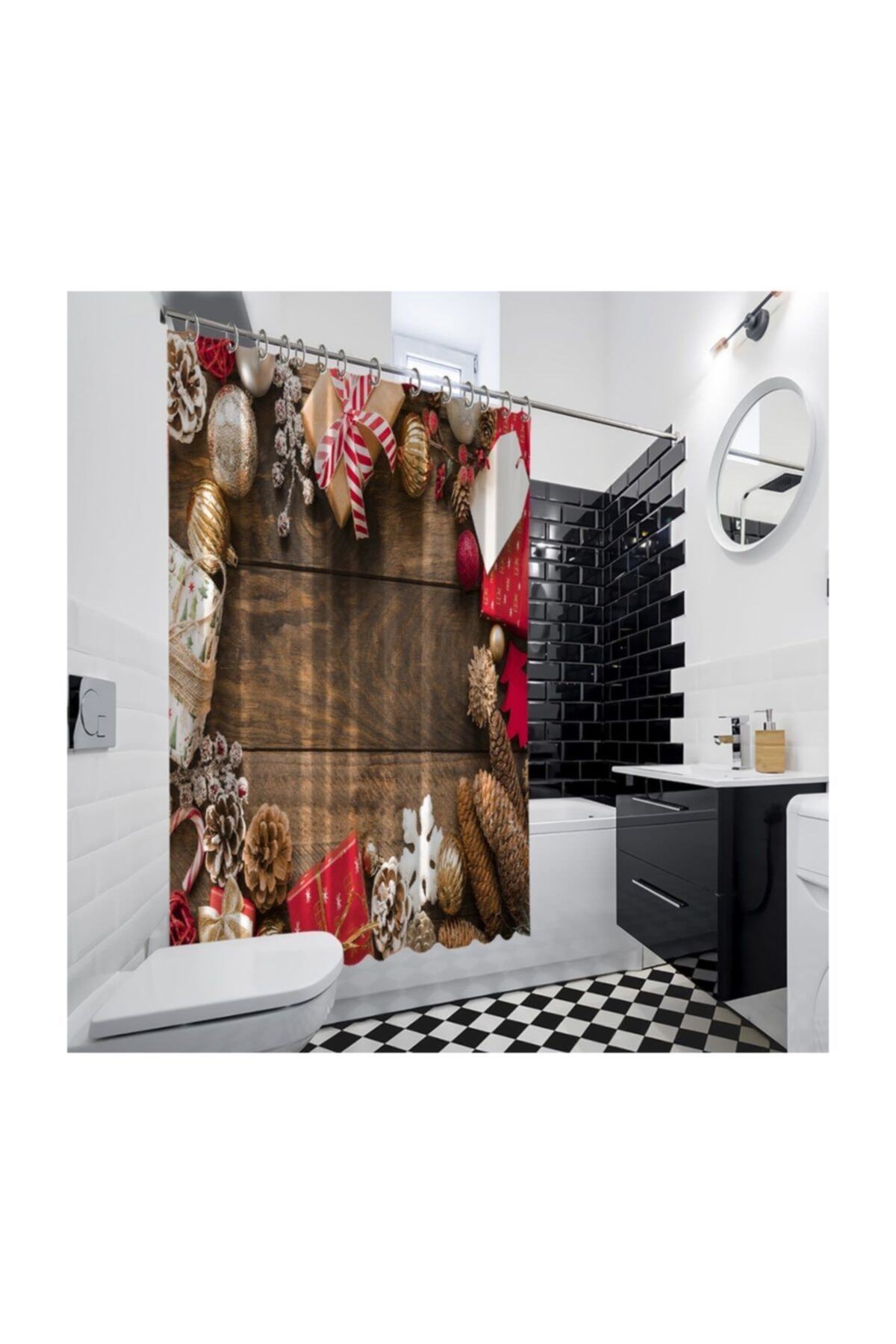 Henge Home Parlak Simli Noel Süsleri Kırmızı Yeni Yıl Hediyeli Ahşap Duşperdesi