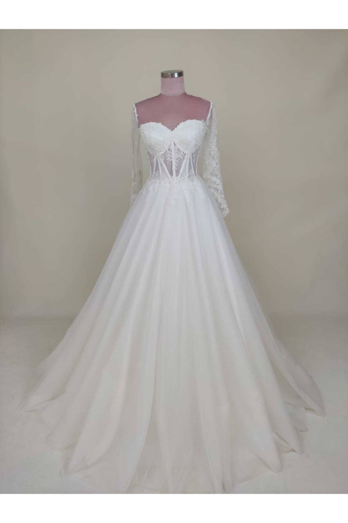berissima bride Kadın Beyaz Dantel Detaylı Helen Gelinlik
