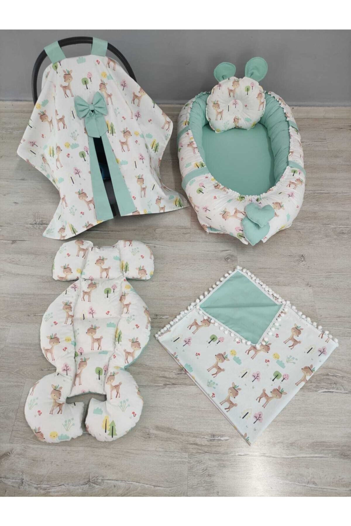 BABYNEST SEPETi Tatlı Karaca Desen, Mint Yeşil Kombin Orijinal Babynest Seti