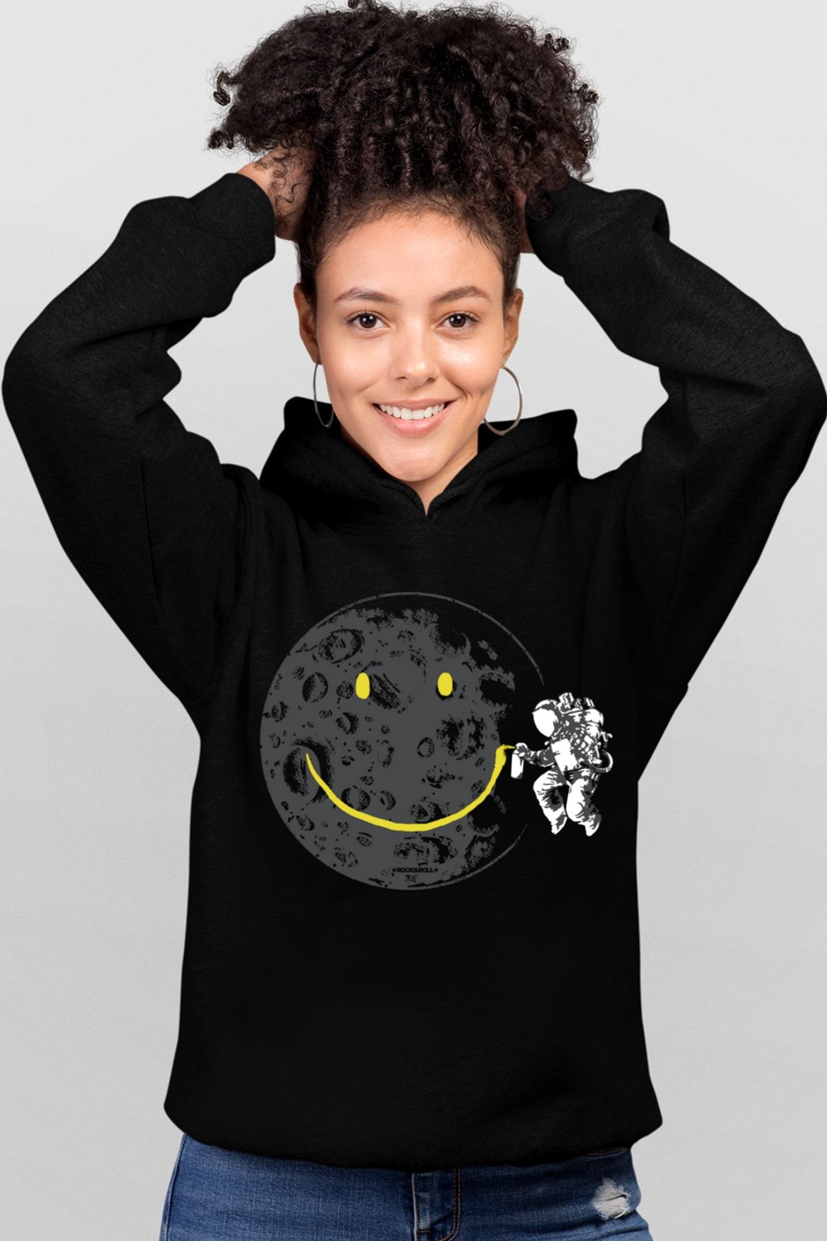 Rock & Roll Grafitici Astronot Siyah Kapşonlu Kadın Sweatshirt