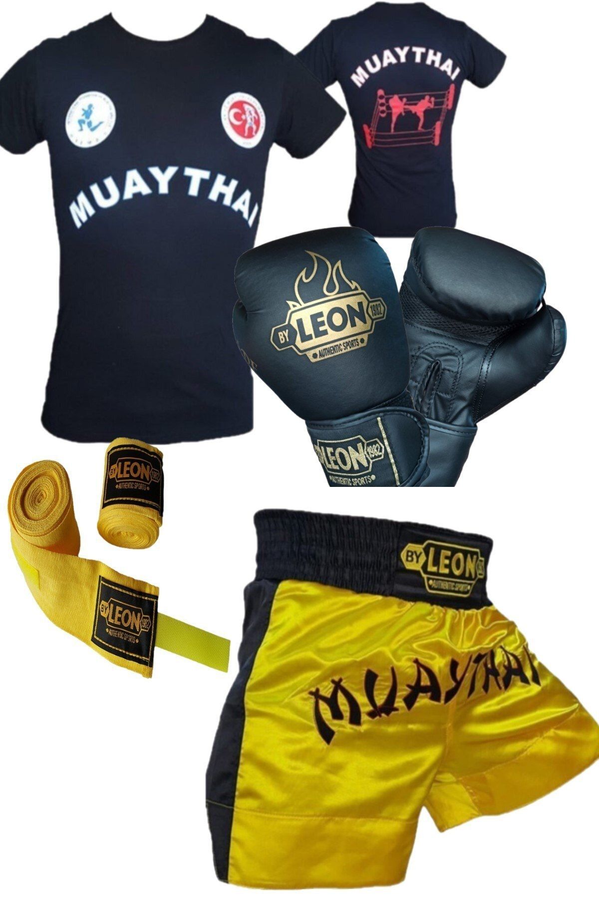By Leon 1982 Unisex Syah Kickboks Boks Thai Eldiveni Tişört Şort 3,5 metre Bandaj Seti
