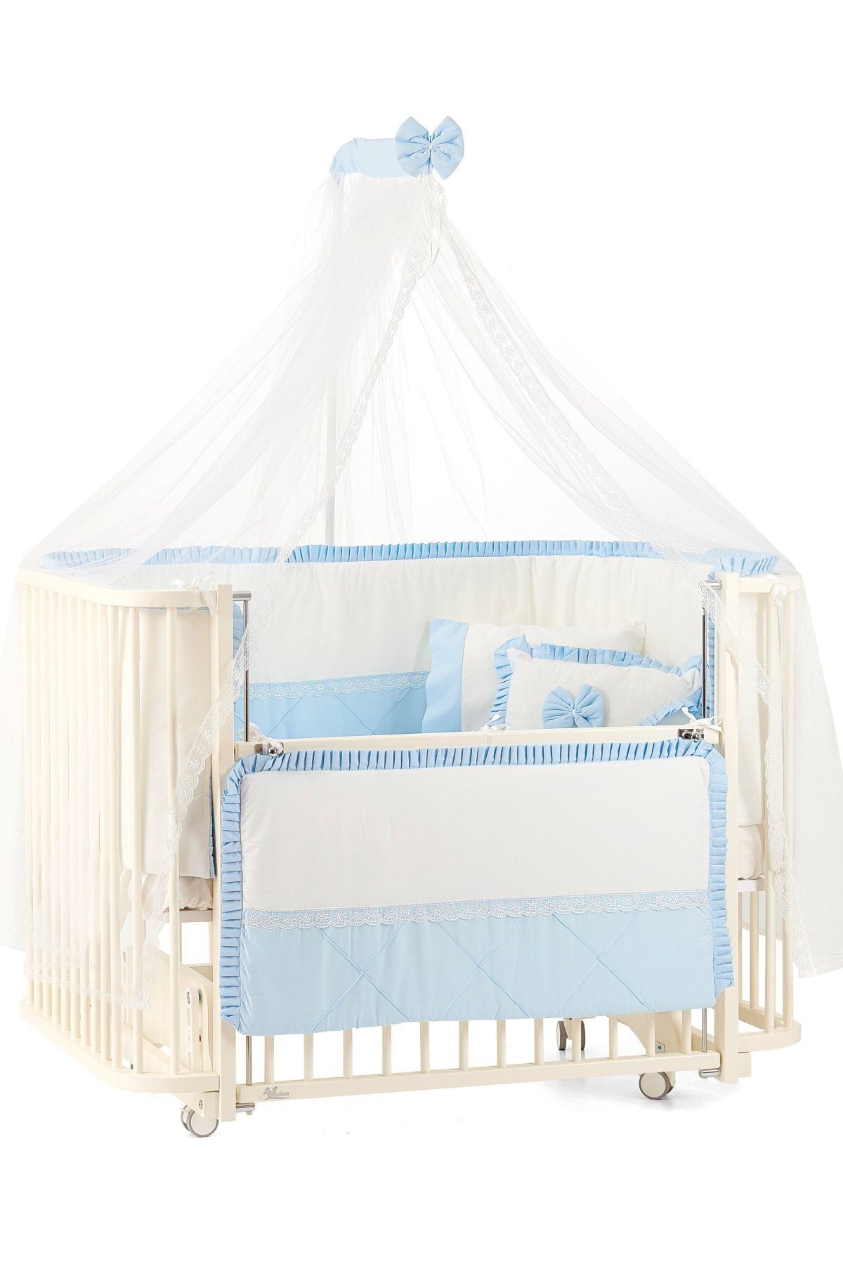 Meltem Smart Bambino Sallanır Ahşap Anne Yanı Beşik - 70x110 Cm (KREM-MAVİ)