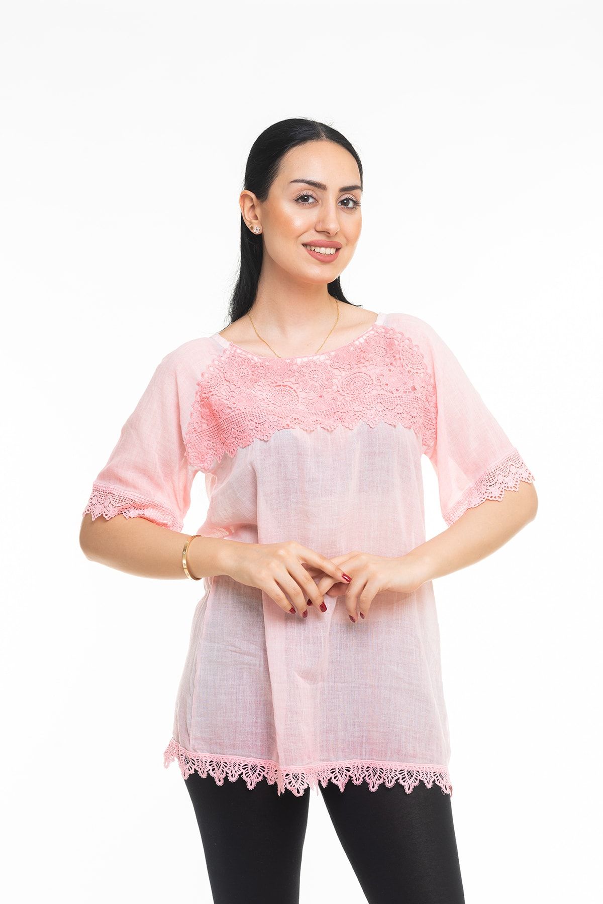 Maldia Kadın Pembe Dantel Yaka Vual Pamuk Pareo