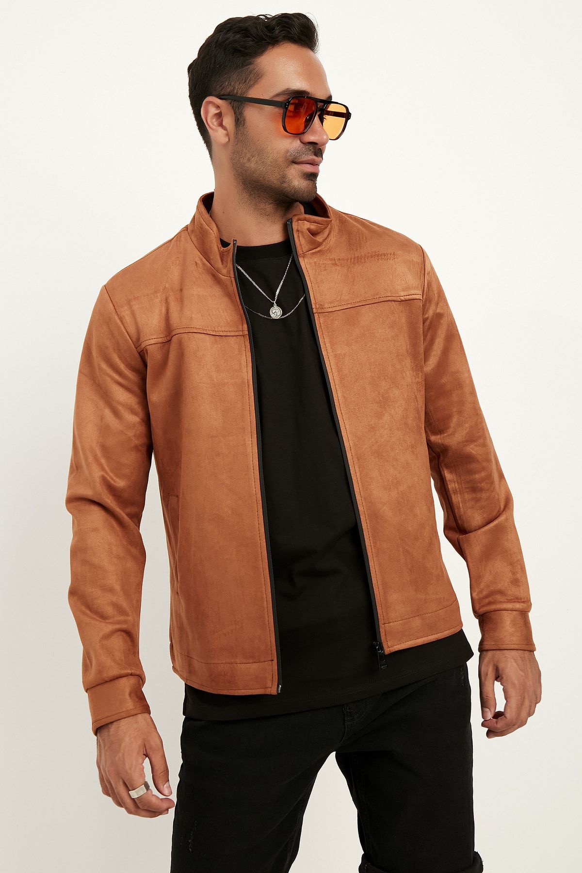 MEECY MAN Men s High Collar Suede Jacket Trendyol