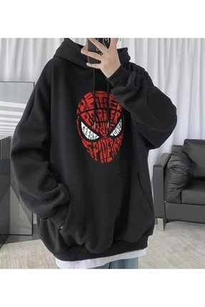 dompuleri moda Spider-Man Head Baskılı Siyah Unisex Oversize Kapüşonlu Sweatshirt Image 0