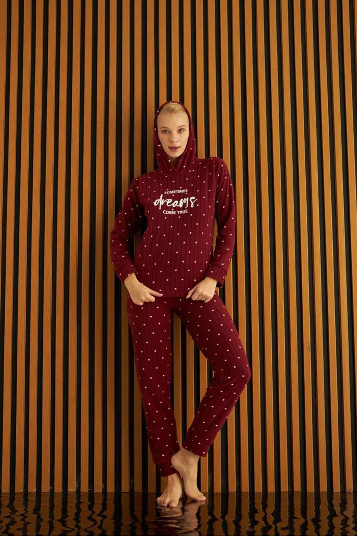 Meba Women's Heart Pattern Hooded Winter Pajamas Pajama Set Claret Red -11  - Trendyol